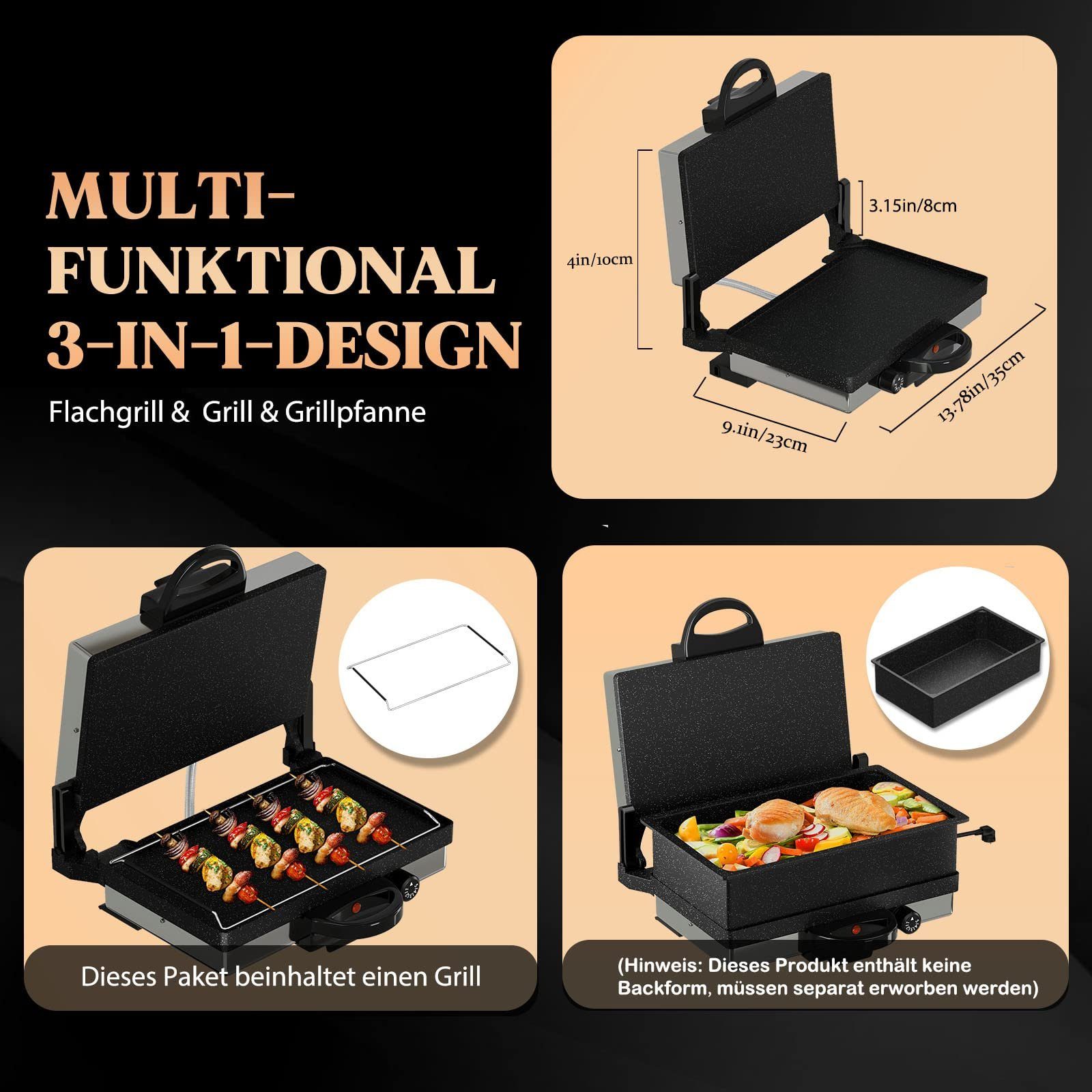 Scheffler Elektrogrill Kontaktgrill 3 in 1 Multigrill, Grill, Elektrischer Optigrill, 2000,00 W, Antihaftbeschichtet, Edelstahl Tischgrill mit Grill