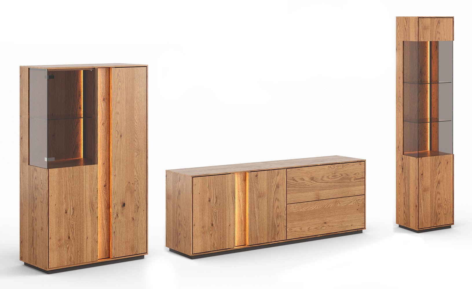 Feldmann-Wohnen Wohnwand Collodi, (mit Türen, mit Einlegeböden, mit Klapptüren, 3-St., Massivholz, geölte Oberfläche), 3-teilig Wildeiche Natur Sideboard 165cm, Türanschlag links