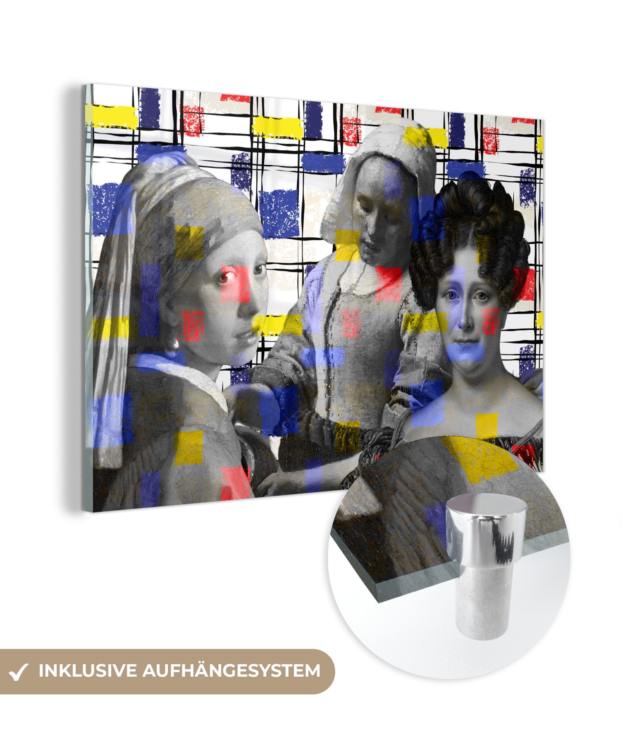 MuchoWow Acrylglasbild Collage - Mondrian Acrylglasbilder bunt Schlafzimmer - (1 St), Gemälde, Wohnzimmer &