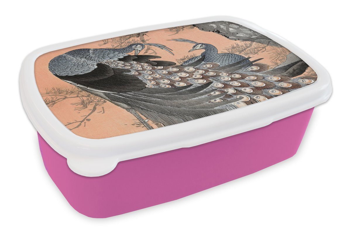 MuchoWow Lunchbox Vintage - Japandi - Pfau - Tiere, Kunststoff, (2-tlg), Brotbox für Erwachsene, Brotdose Kinder, Snackbox, Mädchen, Kunststoff rosa