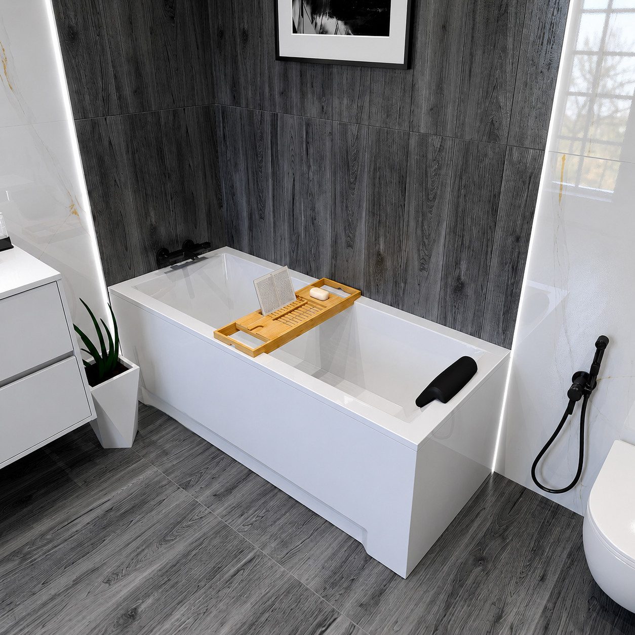 KOLMAN Badewanne Rechteck MODERN 120x70 mit AcrylSchürze + Bambus Ablage