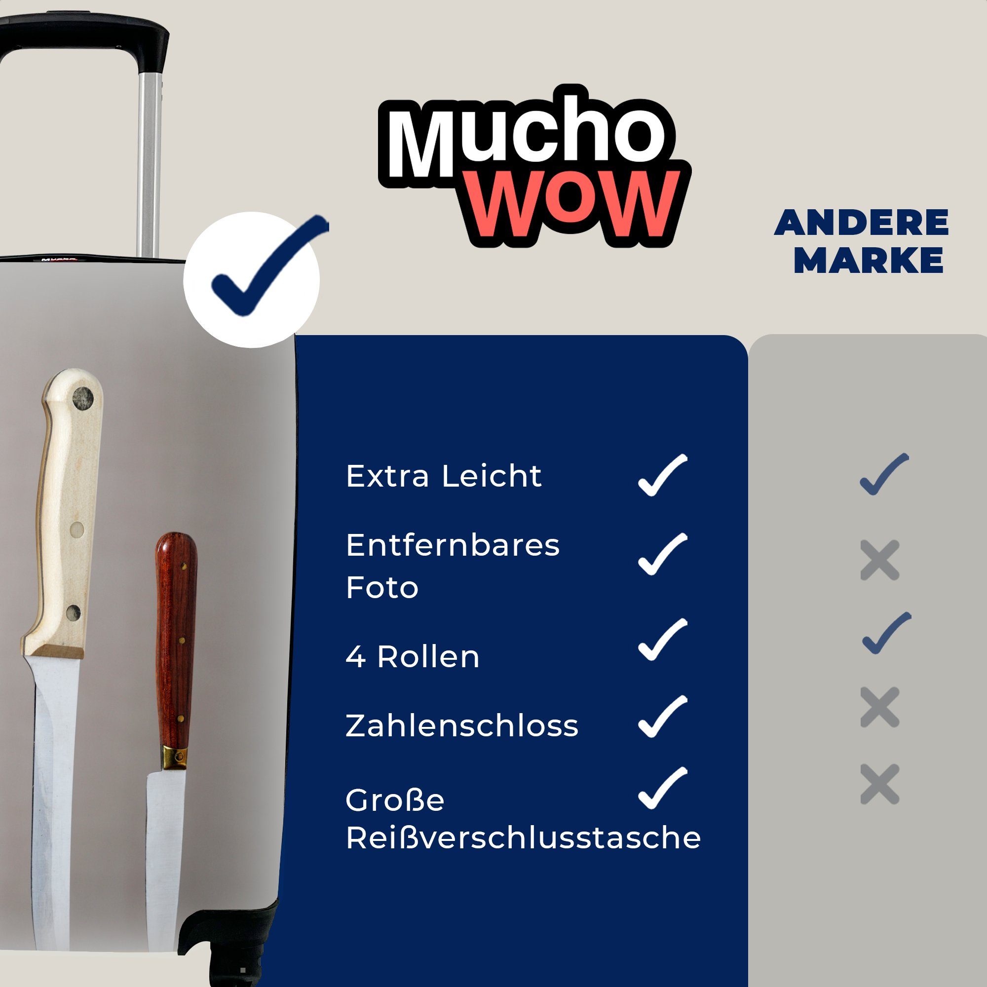 für Trolley, Messer Schneidebrett, Ferien, mit einem Handgepäck rollen, Reisekoffer MuchoWow Rollen, Handgepäckkoffer 4 in Reisetasche