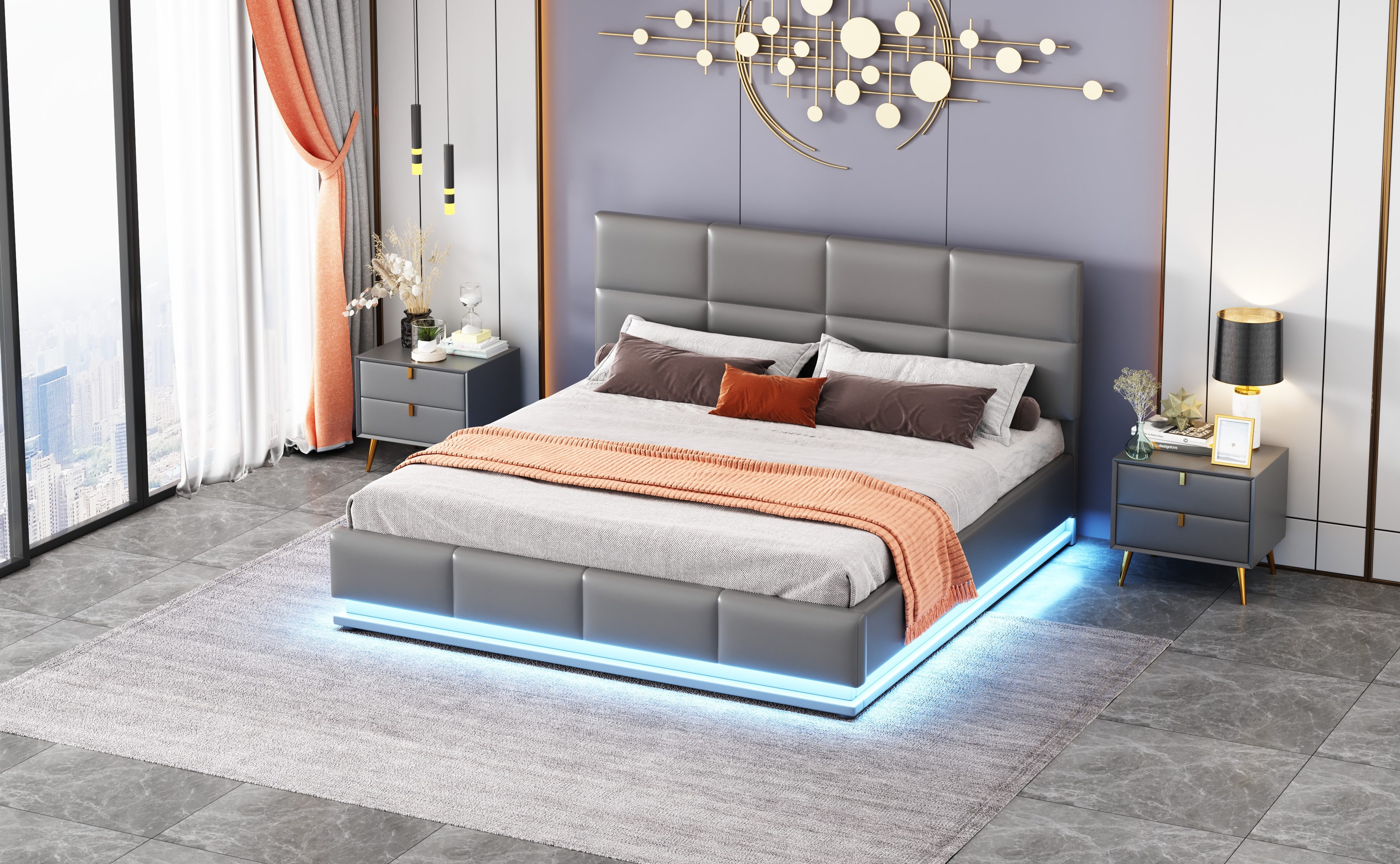 MODFU Bett mit LED & Bettkasten (hydraulisch öffnendes Doppelbett mit höhenverstellbarem Kopfteil, 160x200 cm), ohne Matratze