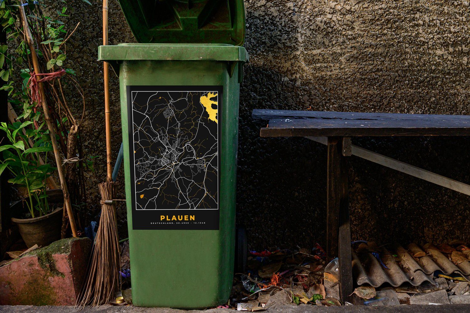 MuchoWow Wandsticker Plauen - Stadtplan Karte - - Mülleimer-aufkleber, Mülltonne, Sticker, Deutschland St), - Gold (1 Container, Abfalbehälter