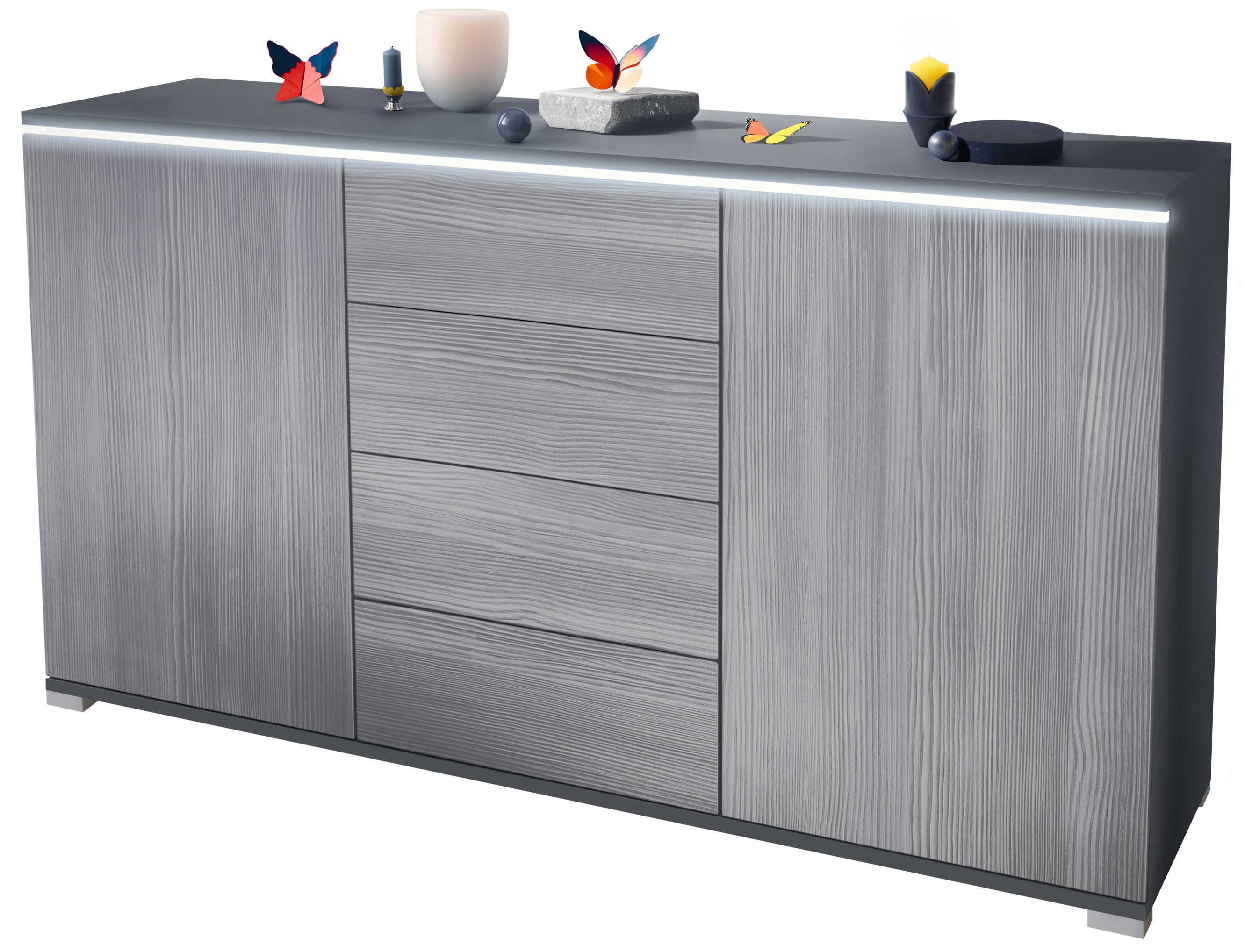 Vladon Sideboard Faro V1 (Kommode mit 2 Türen & 4 Schubladen, Schrank mit LED Lichtleiste), Anthrazit matt / Avola-Anthrazit (138,5 x 75,5 x 35)