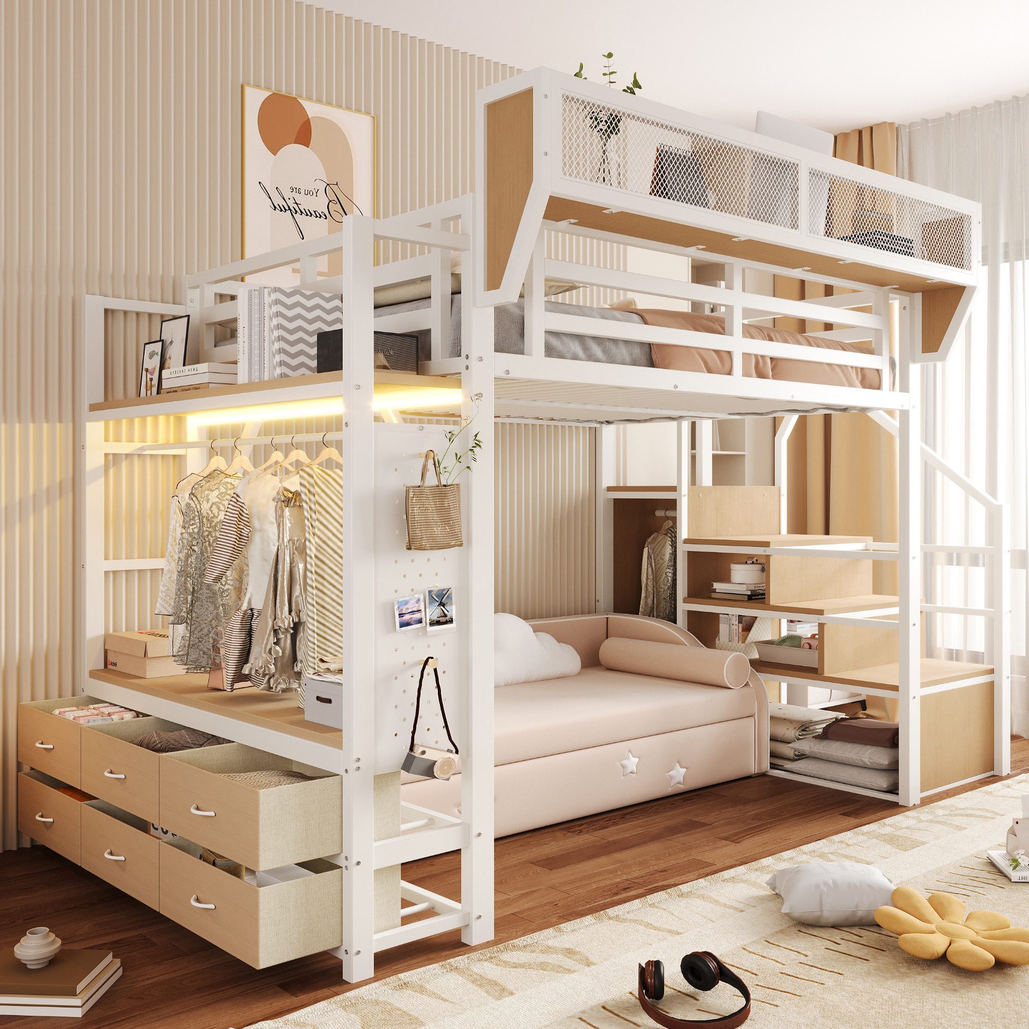 MODFU Hochbett Metallbett mit LED-Beleuchtung, Ablagefach, Jugendbett (140x200cm, mit Kleiderstange, Stoffschublade und abnehmbarem Ablagekorb, Stauraumbett Kinderbett) ohne Matratze