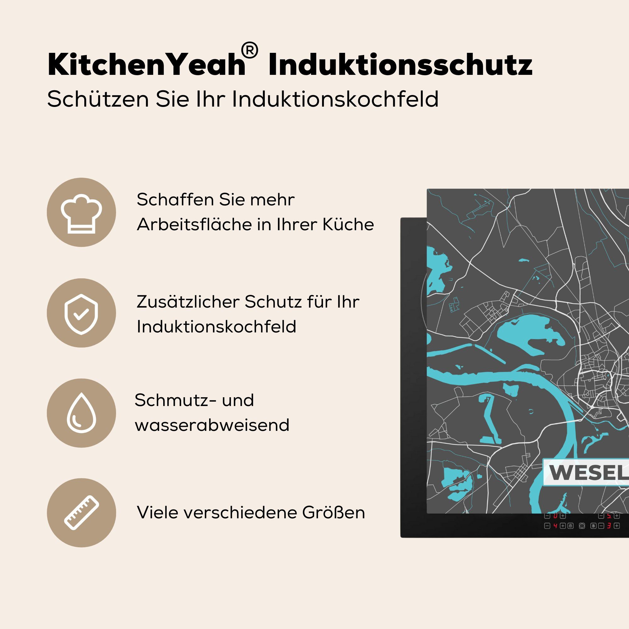 MuchoWow Ceranfeldabdeckung, Stadtplan Arbeitsplatte - - küche tlg), - Vinyl, für Karte, 78x78 Blau (1 cm, Deutschland Wesel Herdblende-/Abdeckplatte -