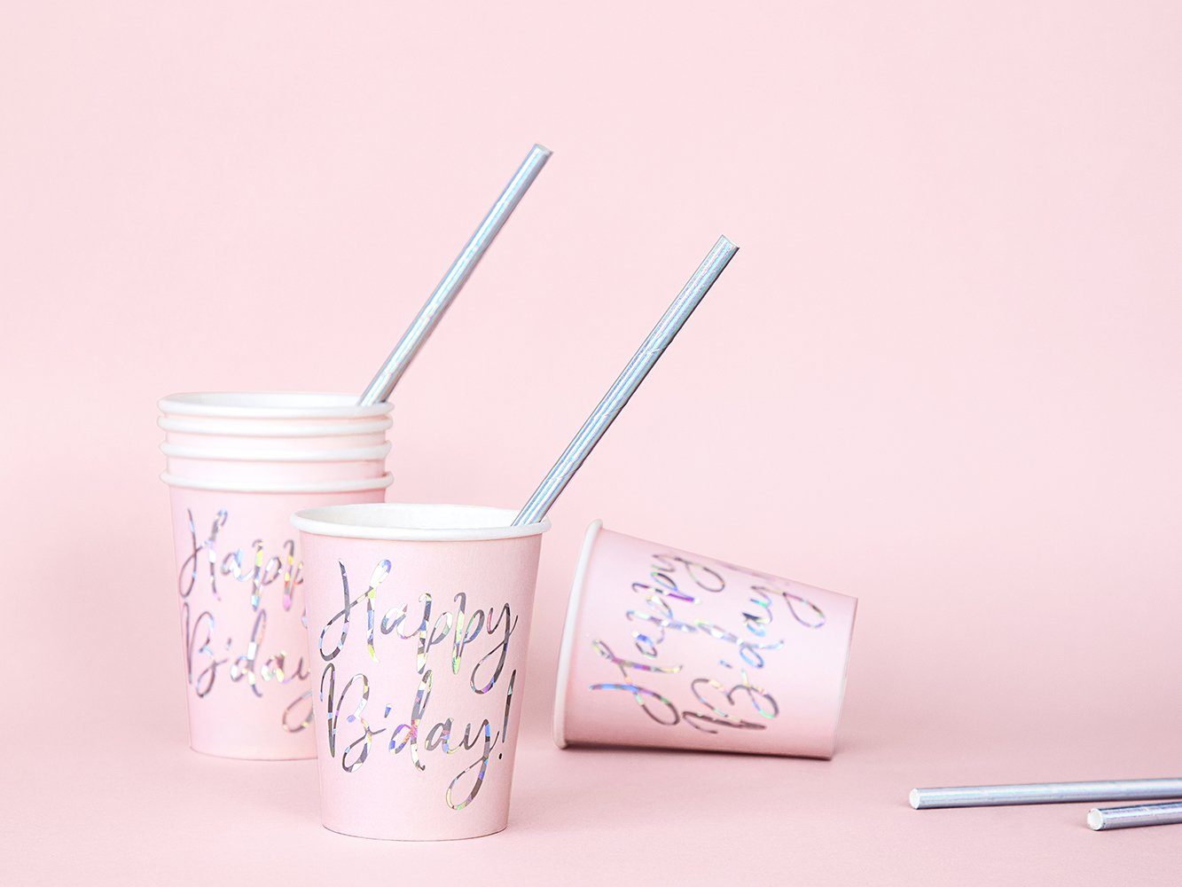 partydeco Einwegbecher, Papier, Pappbecher Happy B'day! 220ml rosa 6er Set