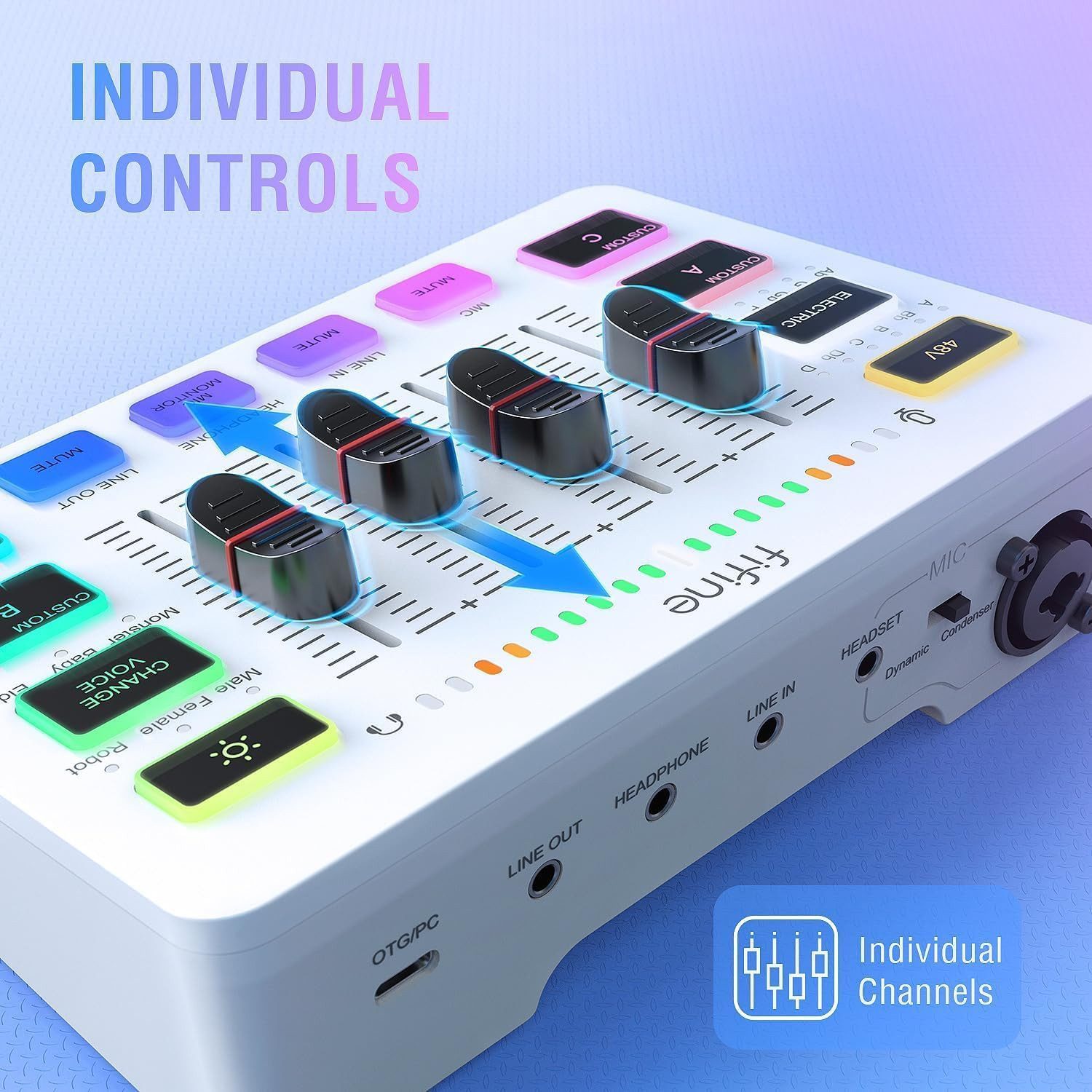 FIFINE Mischpult Mischpult Gaming Audio Mixer, Streaming PC Mixer für Podcast, Gesang, individuelle Steuerung, Stummschaltungstaste, 48V Phantomspeisung