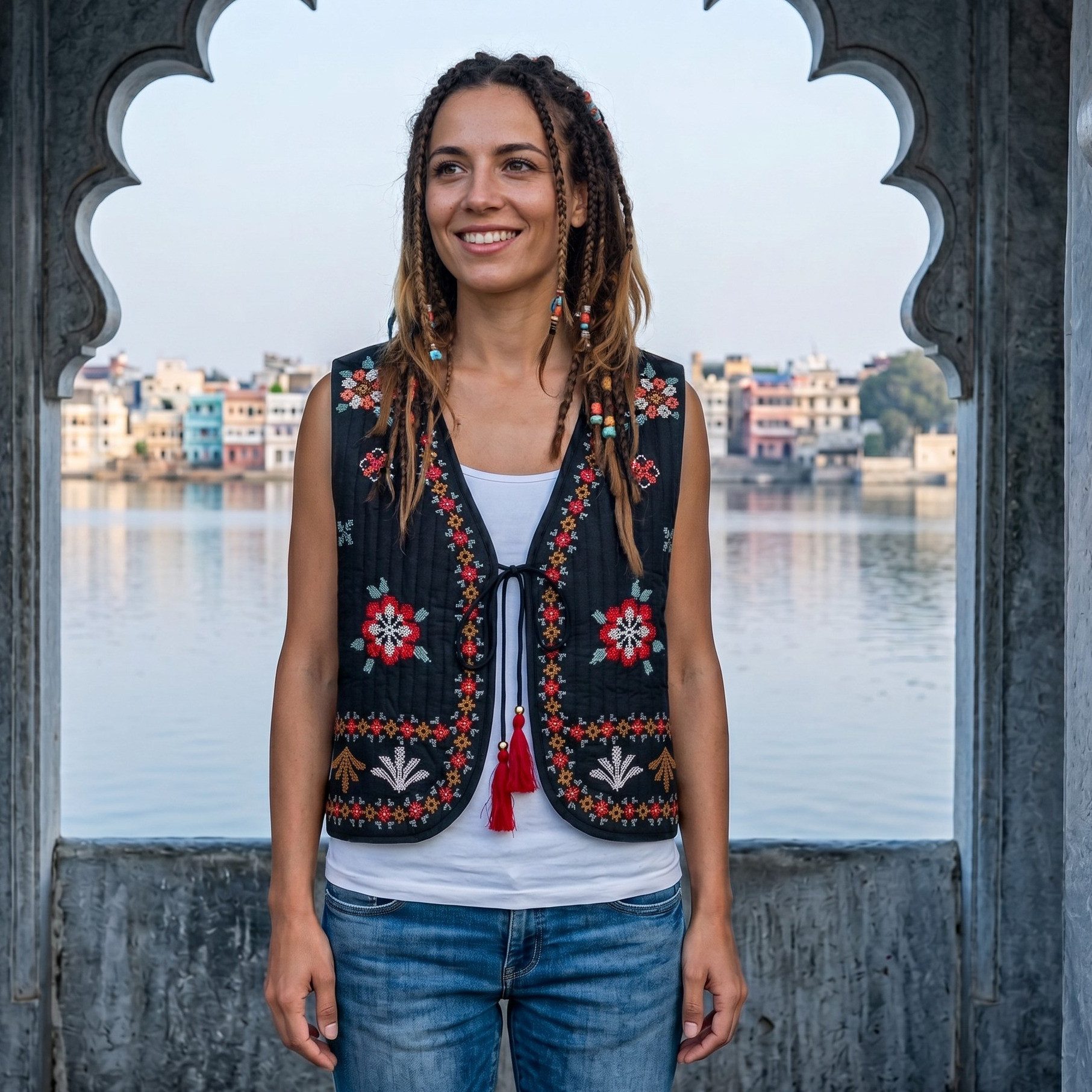 Guru-Shop Langjacke Vintage Boho Steppweste, Folklore Weste - schwarz alternative Bekleidung