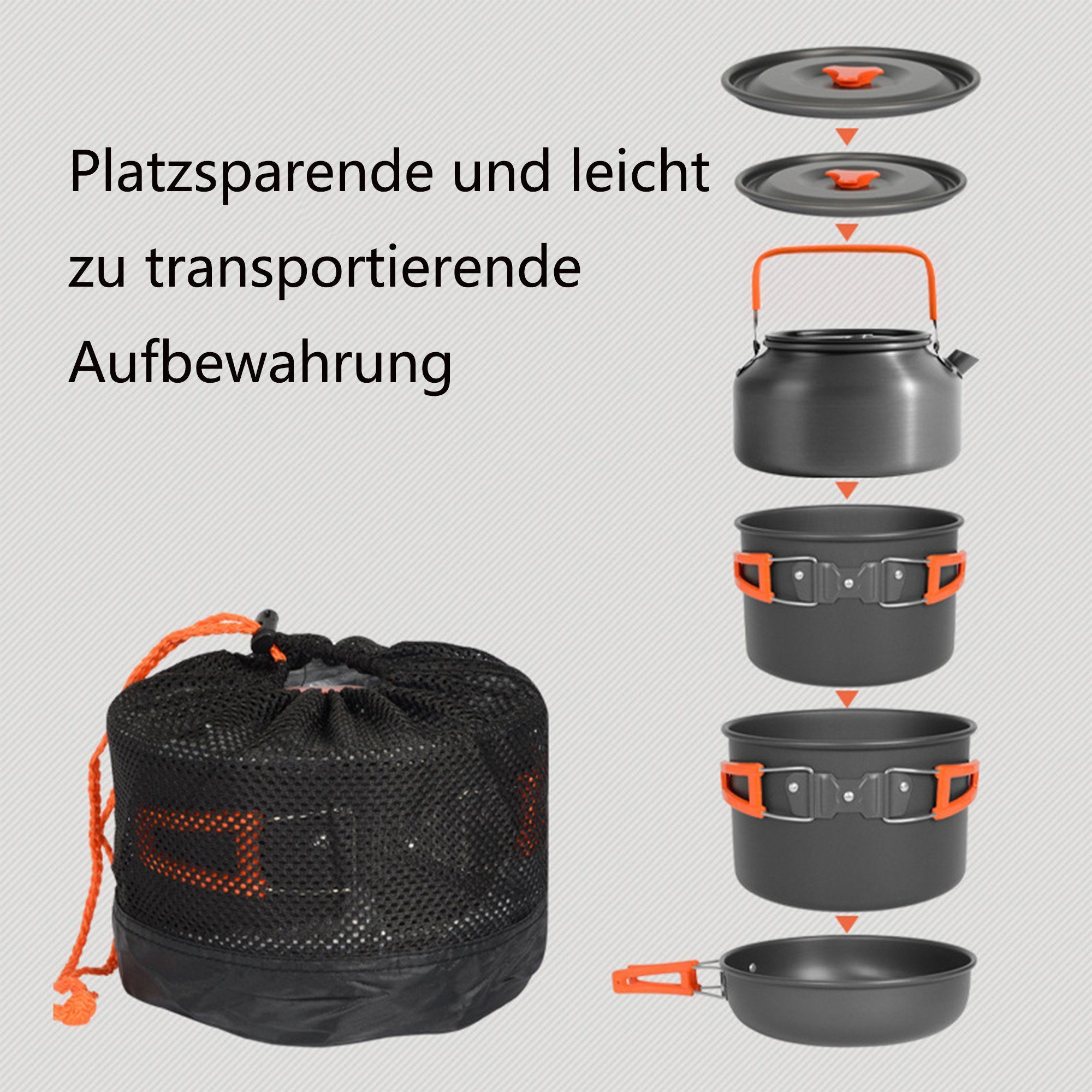 PFCTART Topf-Set Camping Kochgeschirr Set 16 tlg. mit Topf, Pfanne und Camping Geschirr, Aluminium (Set, 16-tlg., Mit Suppentopf, Antihaftpfanne, Kocher & Geschirr für Camping), Leicht, stapelbar und tragbar in praktischer Tasche für Outdoor
