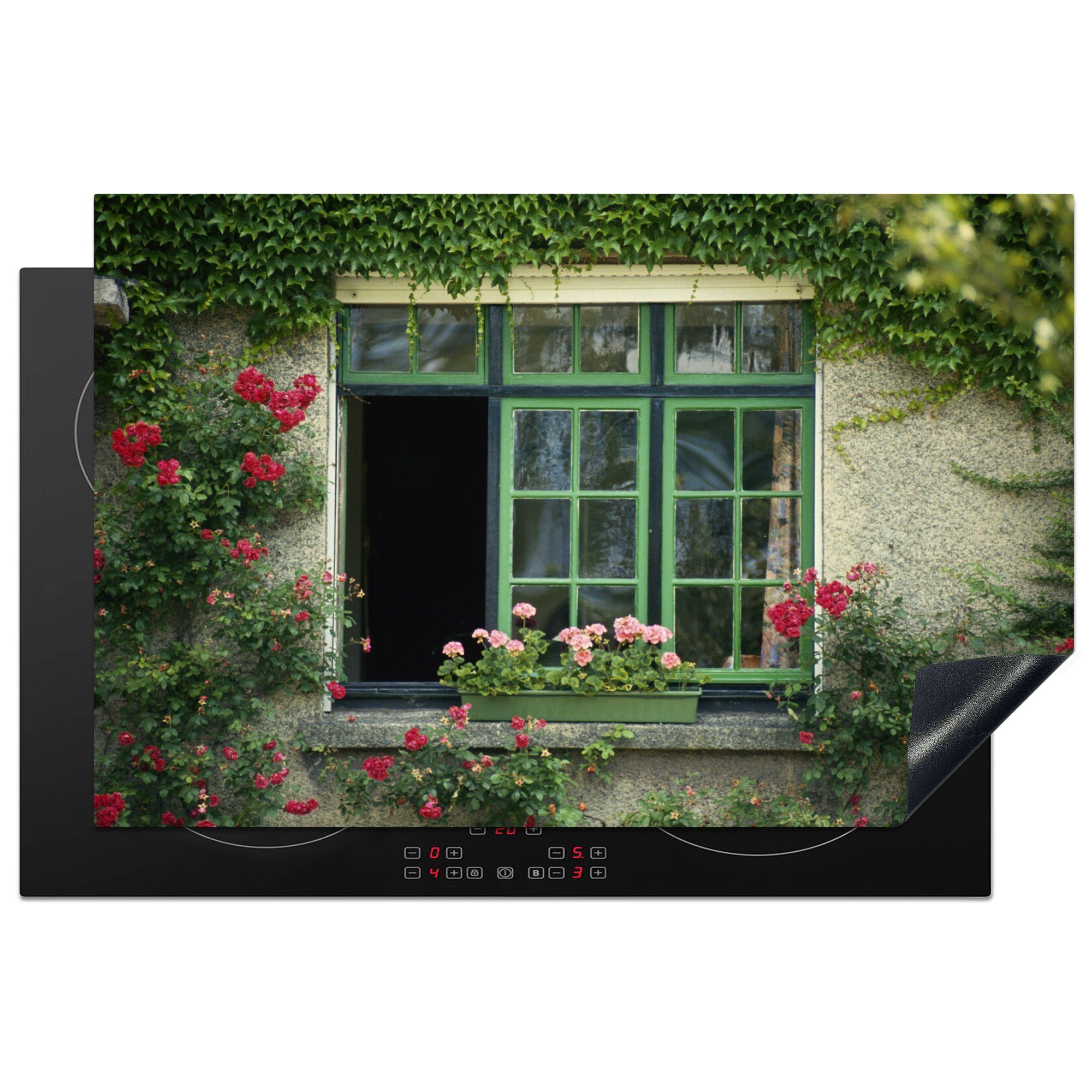 MuchoWow Herdblende-/Abdeckplatte Fenster - Blumen - Vintage, Vinyl, (1 tlg), 81x52 cm, Induktionskochfeld Schutz für die küche, Ceranfeldabdeckung