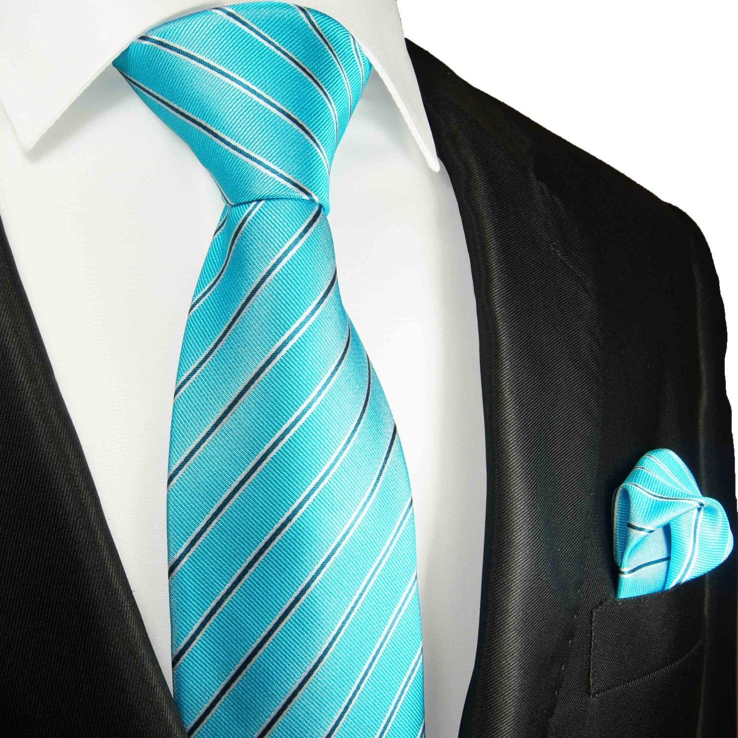 Paul Malone Krawatte Herren Seidenkrawatte mit Tuch modern gestreift 100% Seide (Set, 2-St., Krawatte mit Einstecktuch) Schmal (6cm), türkis 2099 | Breite Krawatten