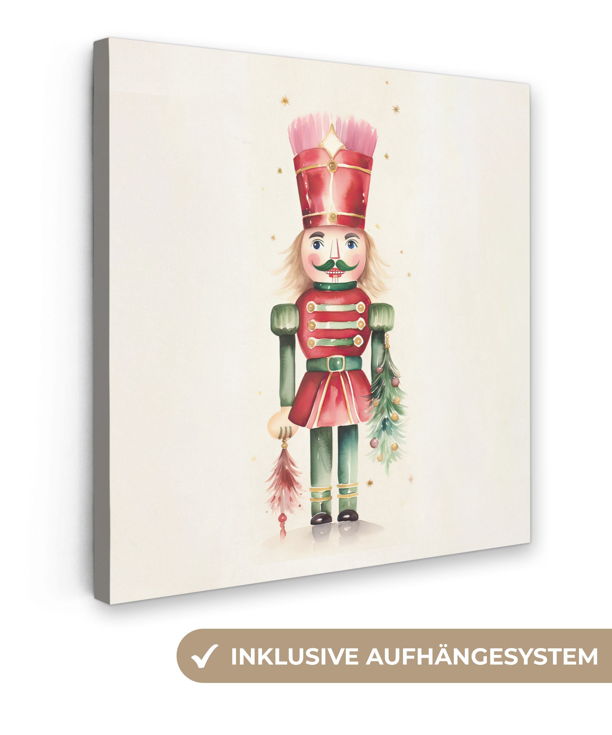 OneMillionCanvasses® Leinwandbild Nussknacker - Weihnachten - Rot - Aquarell - Feiertage, Fotodruck (1 St), Wandbild, Deko Schlafzimmer Wohnzimmer Flur 20x20 cm