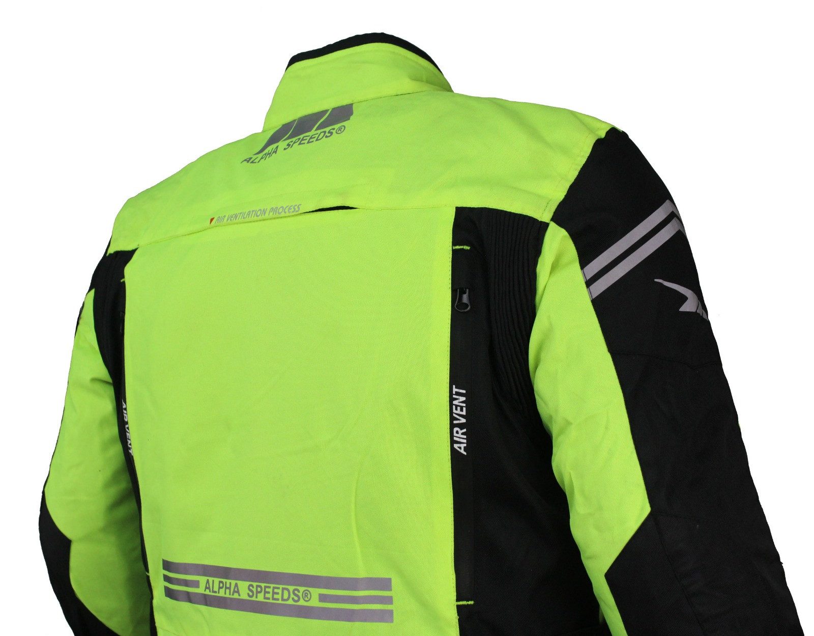 Alpha Speeds Motorradjacke JET PRO, All-Saison Motorradjacke inklusive Protektoren (2026) Abnehmbares Membran + Futter, 7 Belüftungen, 10 Taschen, in Neongelb