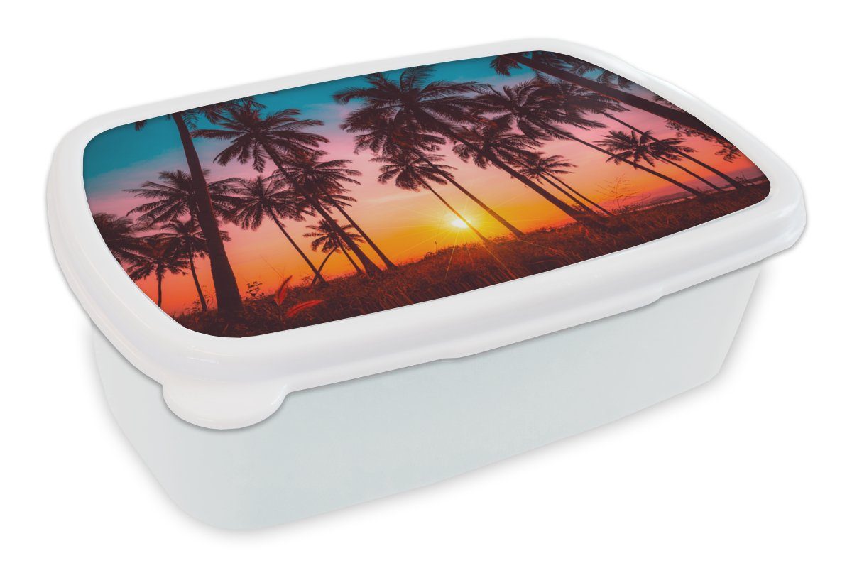 MuchoWow Lunchbox Palme - Brotbox Horizont Brotdose, und für Kinder Orange für Kunststoff, Erwachsene, Jungs - Sonnenuntergang Mädchen - (2-tlg), Strand - und Rosa, - weiß
