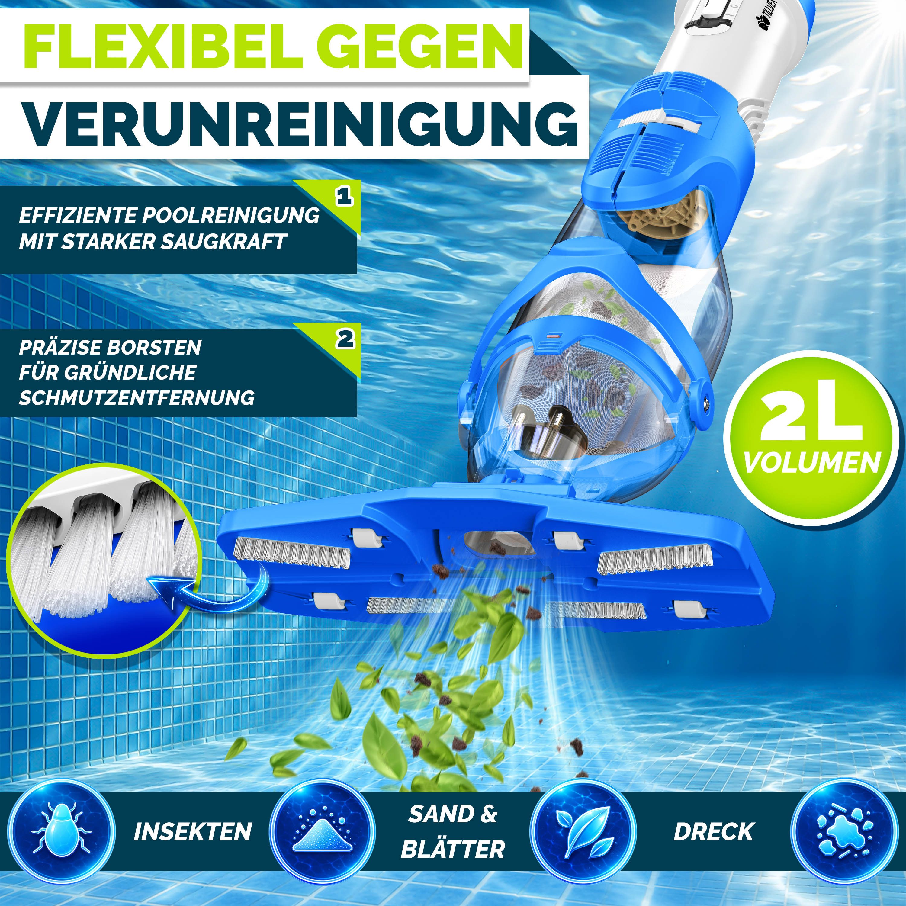 tillvex Poolbodensauger tillvex® Poolsauger Handsauger Bodensauger Reinigungsset Akku Poolrein, (Set)