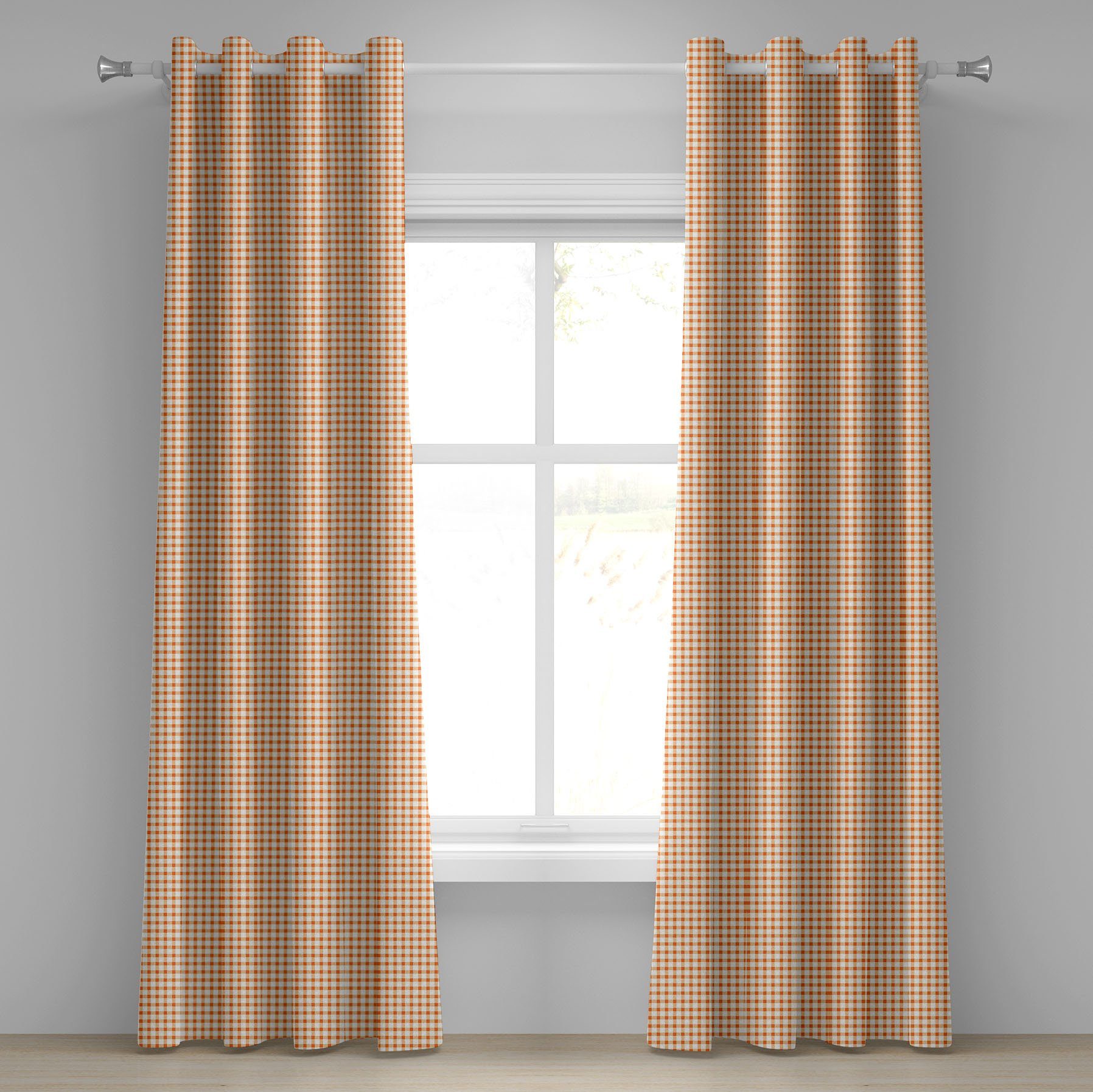 Gardine Dekorative 2-Panel-Fenstervorhänge für Schlafzimmer Wohnzimmer, Abakuhaus, Orange und Weiß Plaid-Motiv