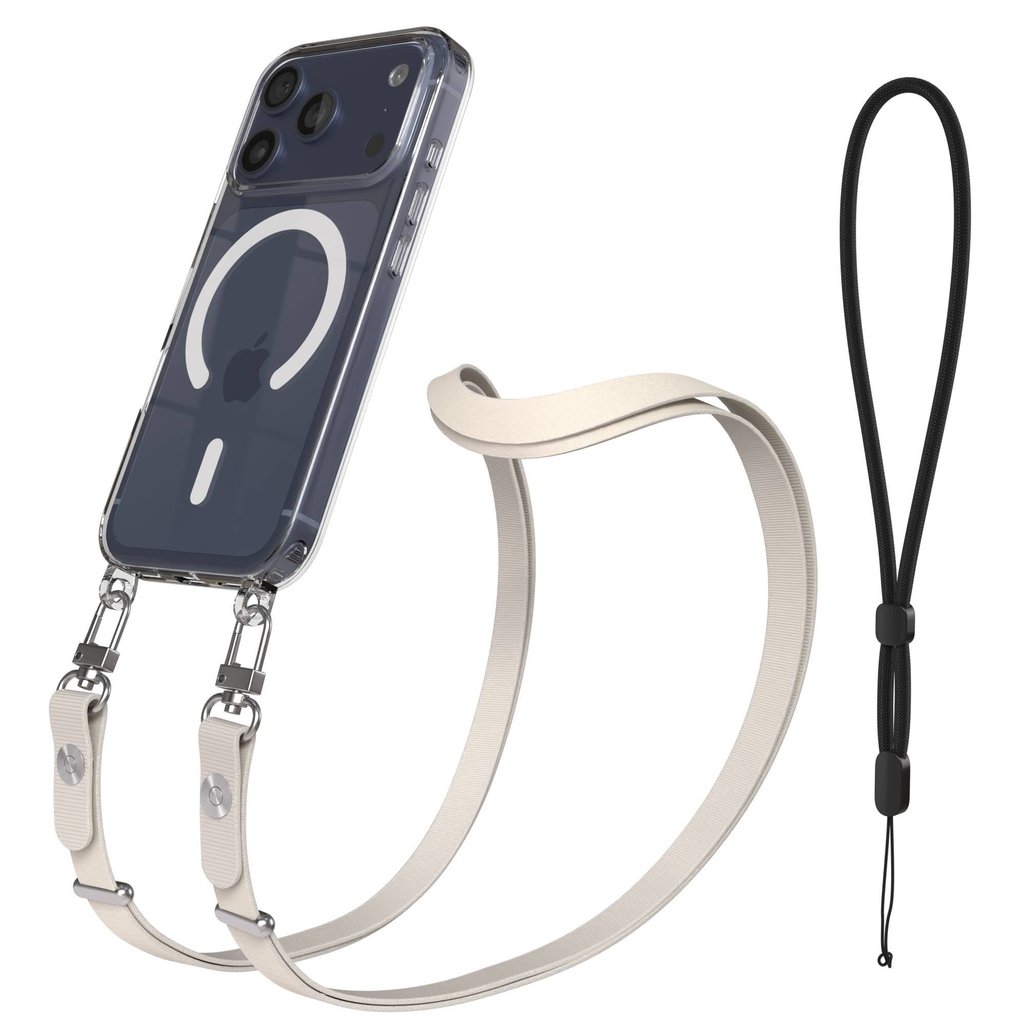 EAZY CASE Handykette für Apple iPhone 17 Pro Handyhülle mit Handyband magnetisch, MagSafe Case in Taupe mit Handykette und Länge von 1 bis 1,90 m