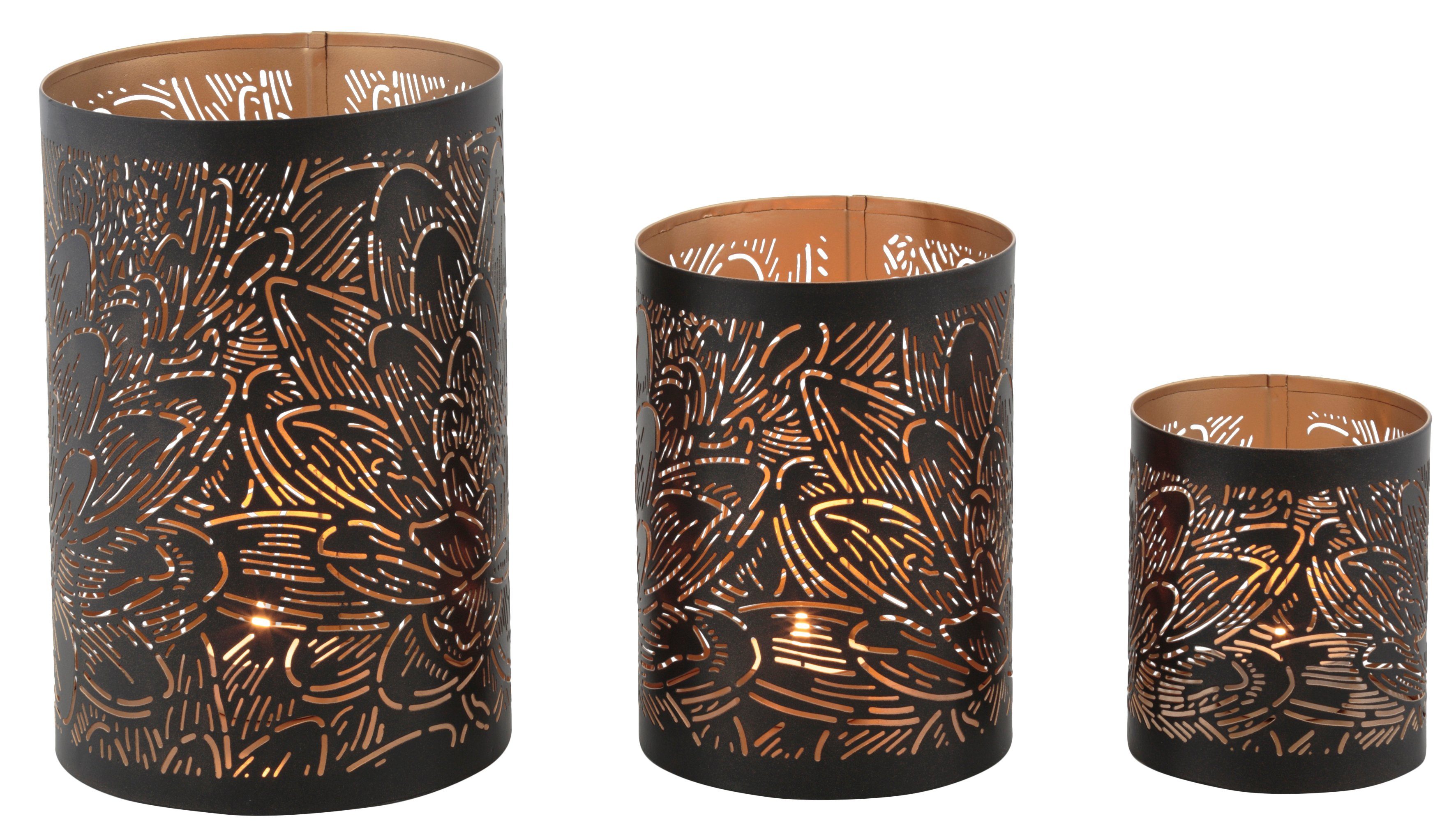 Leonique Windlicht Blattlook, Weihnachtsdeko (Set, 3 St), außen schwarz, innen goldfarben