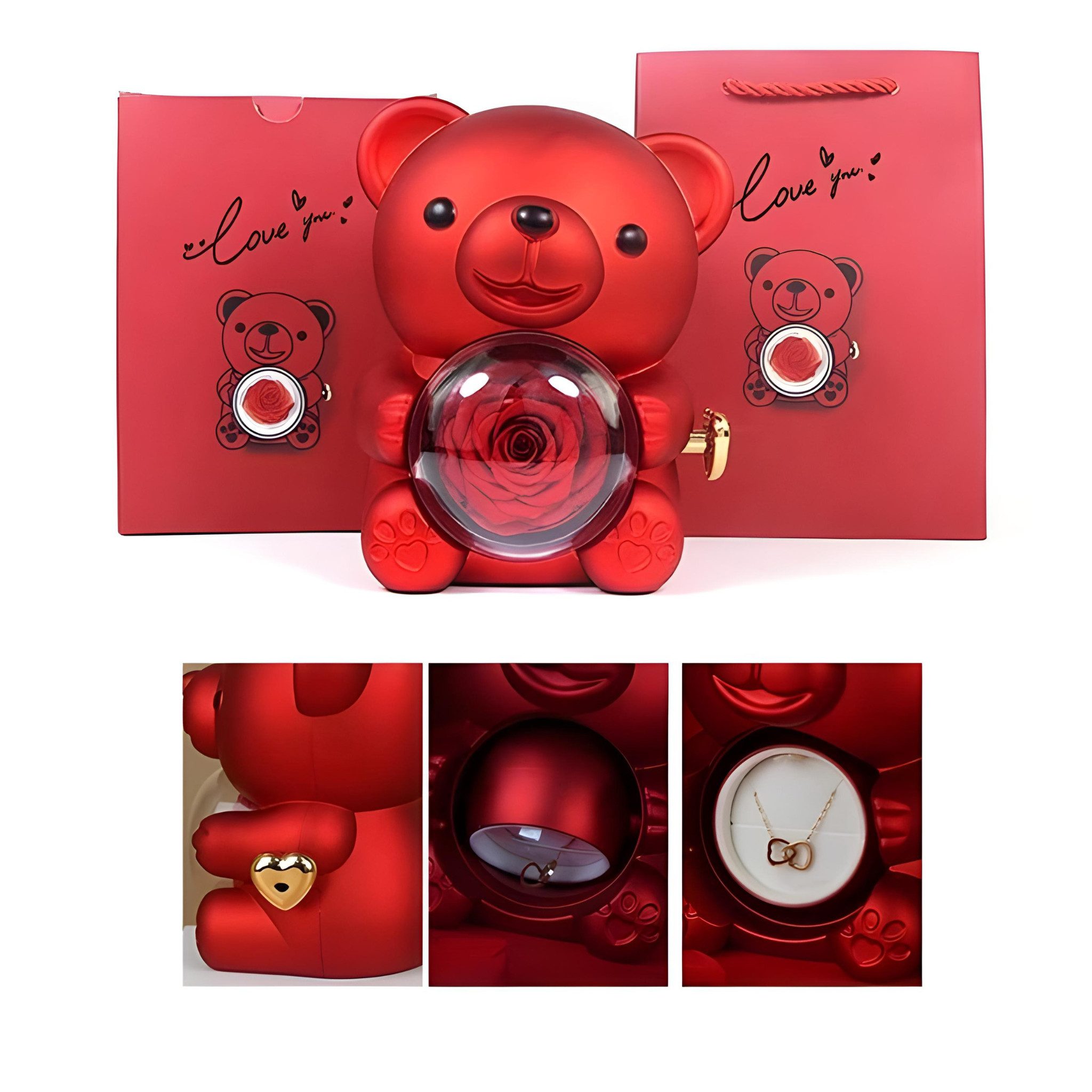 Kunstblume Ewige Rose Valentinstagsgeschenk, Rosenbär, Halskette mit Verpackung, NEXORA, Umfangreiches Geschenkset mit einer Halskette & ewigen Rose