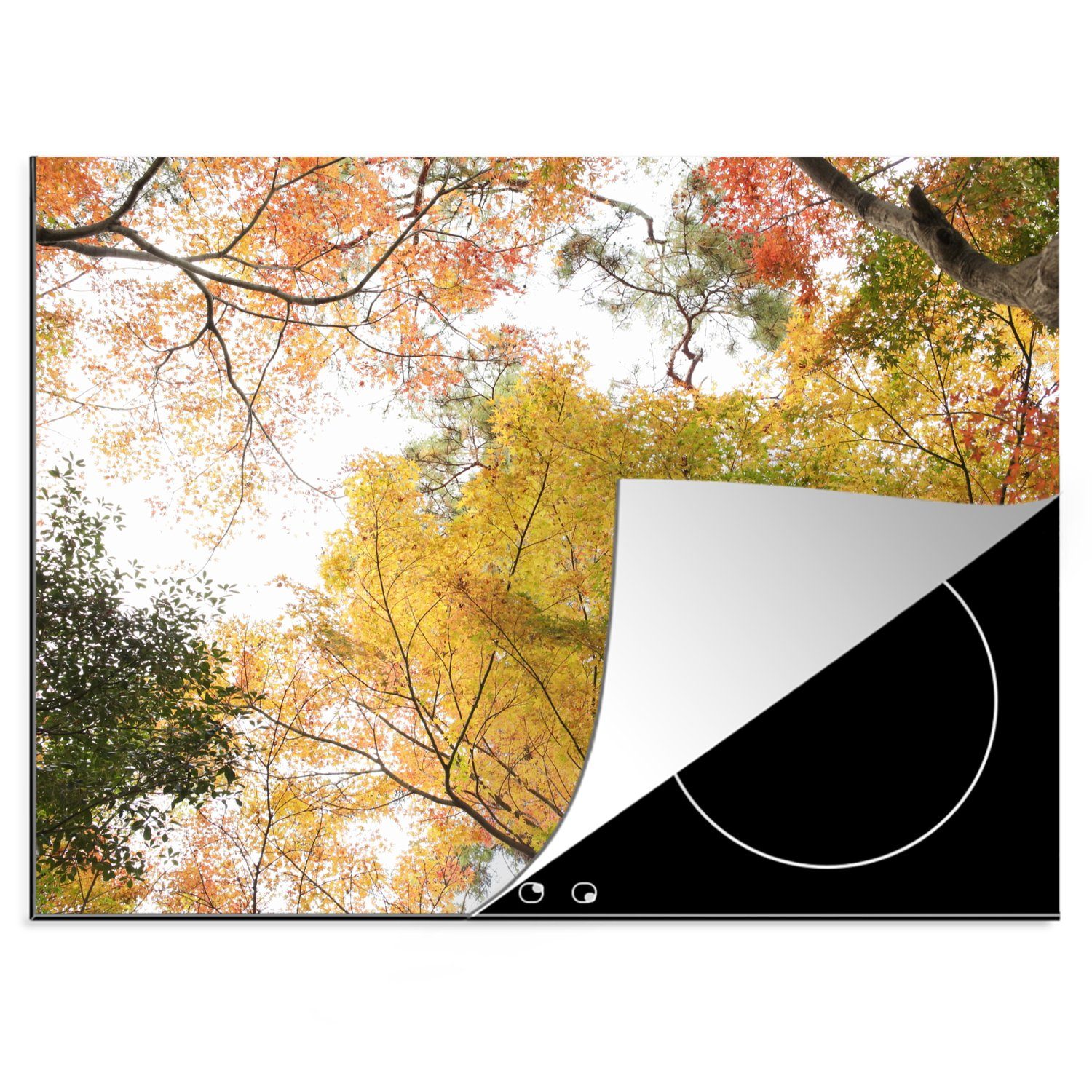 MuchoWow Herdblende-/Abdeckplatte Japanischer Ahorn mit gelben und orangefarbenen Blättern, Vinyl, (1 tlg), 70x52 cm, Mobile Arbeitsfläche nutzbar, Ceranfeldabdeckung