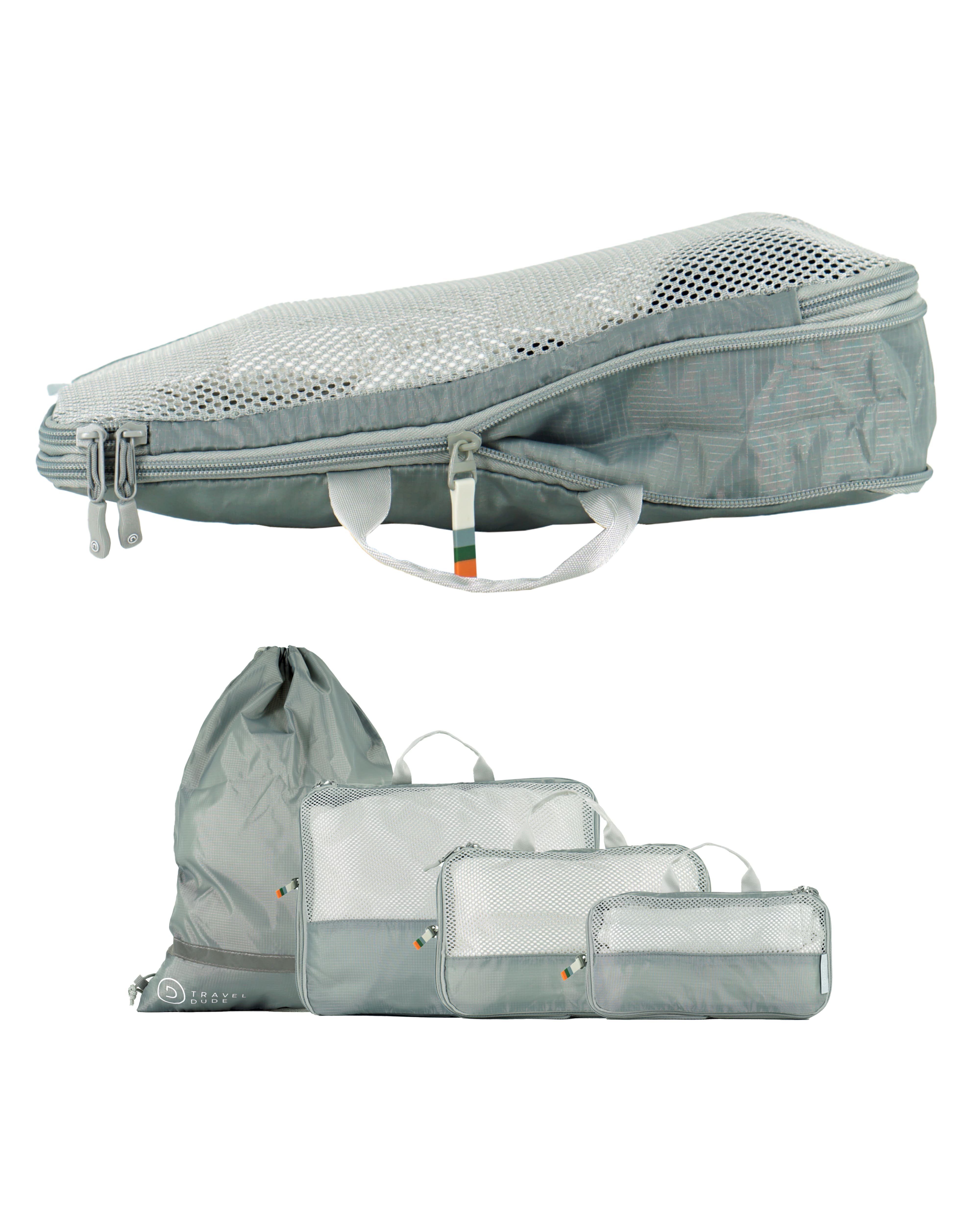 TRAVEL DUDE Kofferorganizer aus recycelten Plastikflaschen (ultraleichte Packwürfel, 4-tlg., Mit Packtaschen in verschiedenen Größen und einem Wäschebeutel), mit Kompression und einem Nassfach Steel Blue