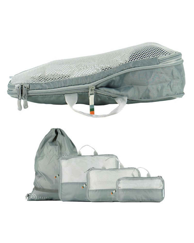 TRAVEL DUDE Kofferorganizer aus recycelten Plastikflaschen (ultraleichte Packwürfel, 4-tlg., Mit Packtaschen in verschiedenen Größen und einem Wäschebeutel), mit Kompression und einem Nassfach
