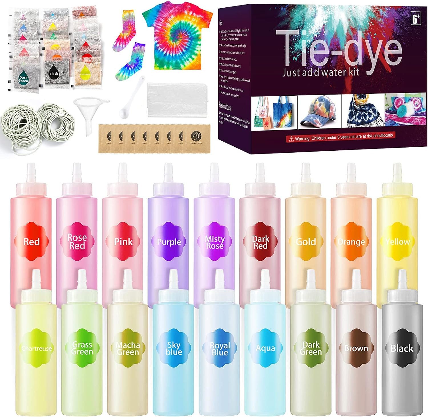 EXTSUD Textilfarbe Batik-Set 18 Farben, Tie Dye Kit mit Quetschflaschen, Gummibändern