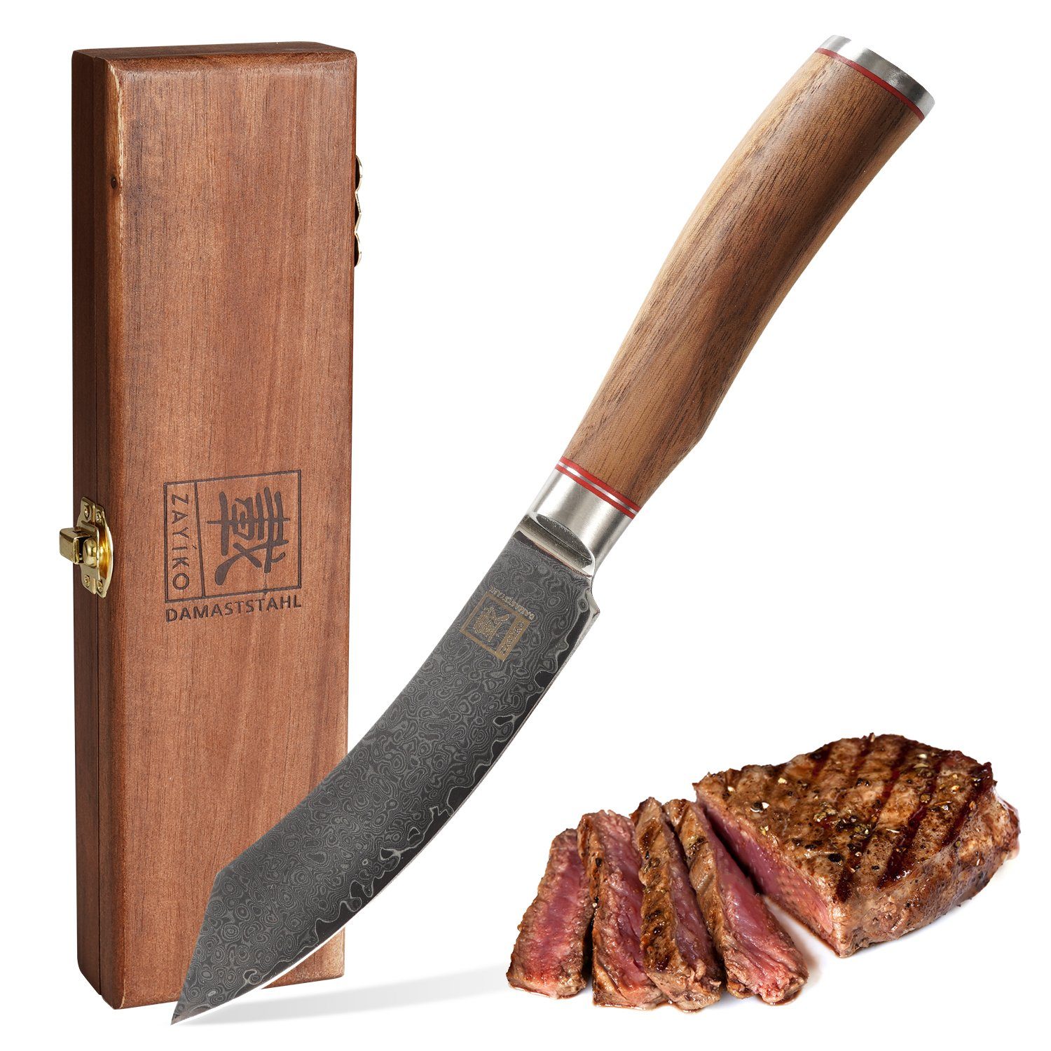 Steakmesser Kurumi Damast Steakmesser I 12 cm Klinge I Nussbaumgriff I Holzbox