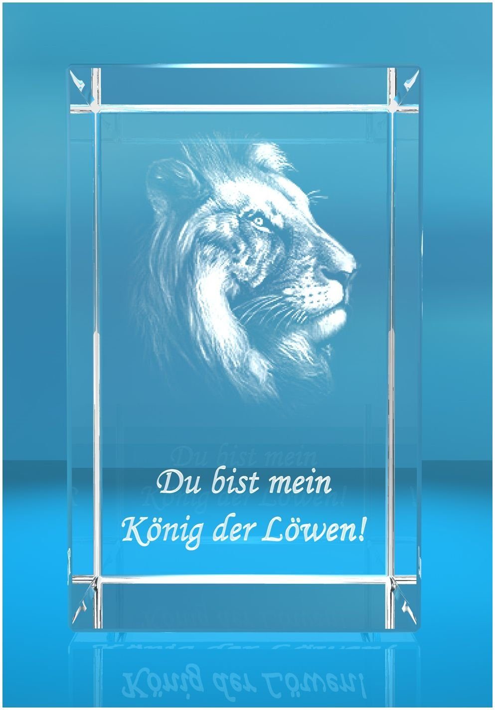 VIP-LASER Dekofigur Made 3D in Glasquader Du König Löwen, Motiv: bist Hochwertige Geschenkbox, der Familienbetrieb mein Germany, Löwenkopf