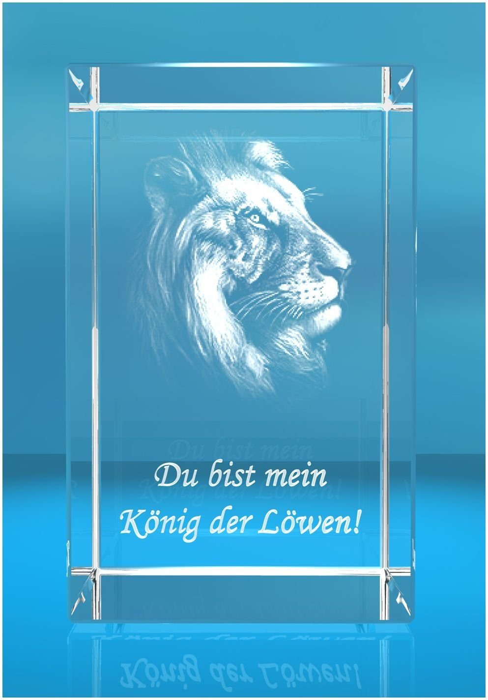 Dekofigur 3D Glasquader Motiv: Löwenkopf Du bist mein König der Löwen, Hochwertige Geschenkbox, Made in Germany, Familienbetrieb