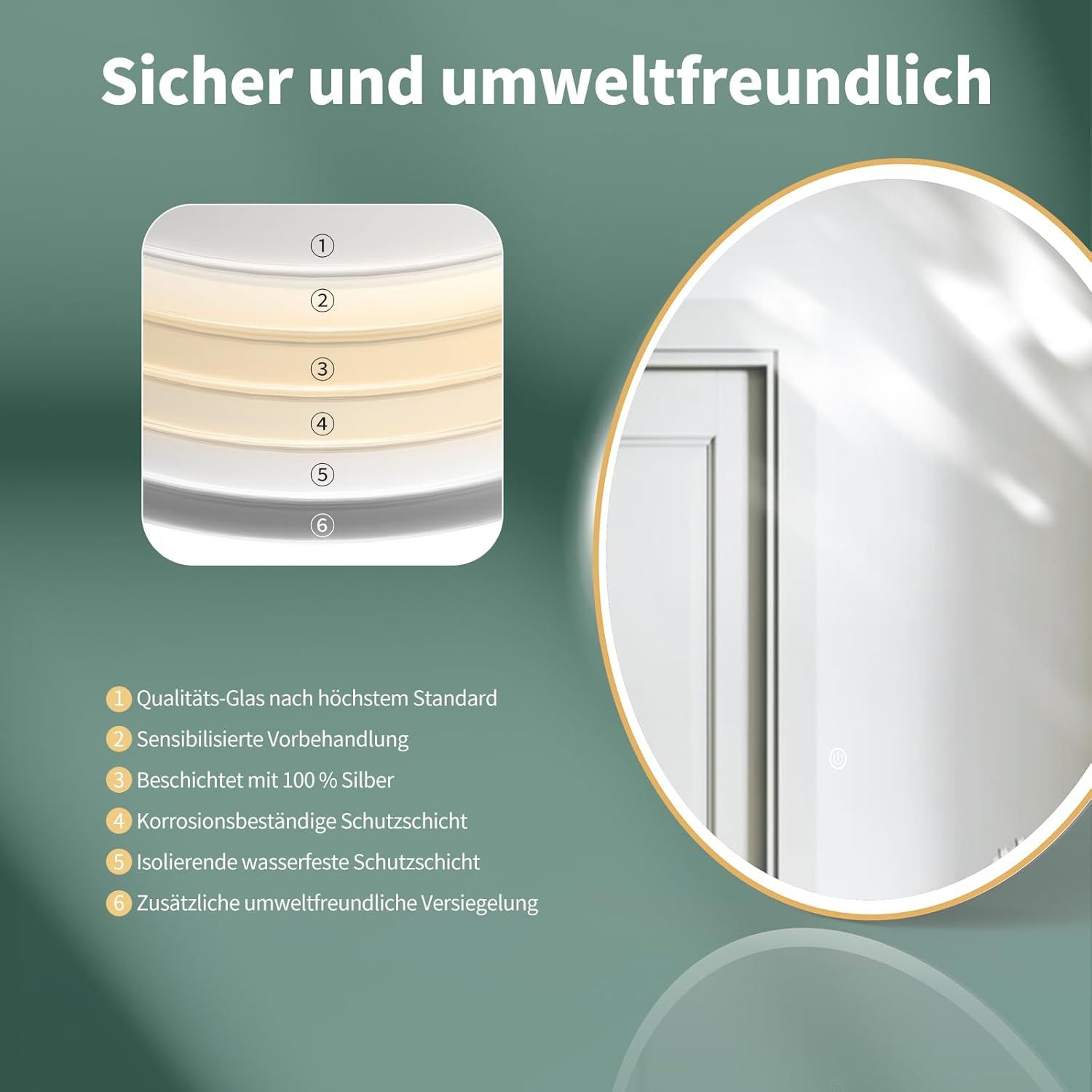 HOKO Badspiegel rund mit LED Beleuchtung und Memory Funktion (60 cm Wandspiegel mit goldenem Aluminiumrahmen, mit Touch-Schalter und stufenlosem Farbwechsel von – Bild 5 von 5