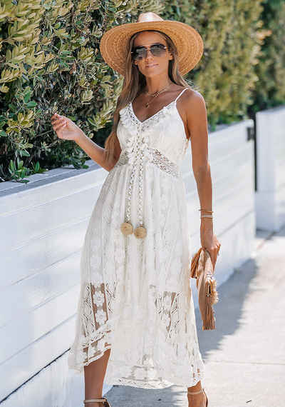 Cupshe Strandkleid Ditsy Slip-Kleid mit V-Ausschnitt und Schnürung Rüsche, Reißverschluss, Verstellbare Träger
