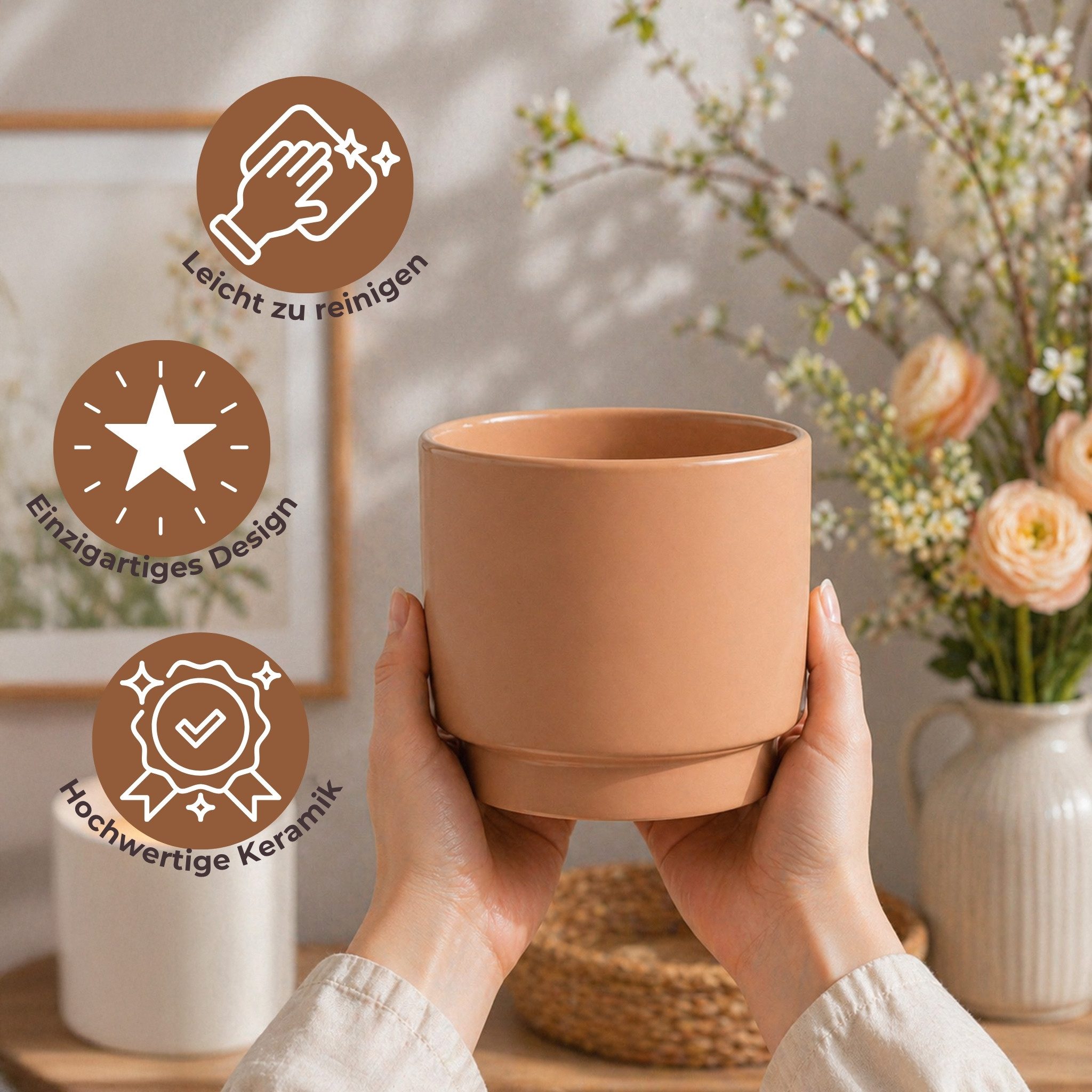 matches21 HOME & HOBBY Blumentopf Übertöpfe in Ø 13 cm, Beige Blumentöpfe im 2er Set (2 St), Blumenübertöpfe aus Keramik für Zimmerpflanzen