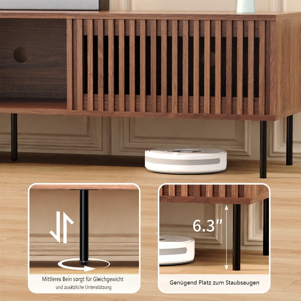 Insma Lowboard Modern TV-Schrank Fernsehrschrank mit 2 Lamellentüren 176×44×44cm, TV-Board stehend mit Stauraum & offenen Fächern – Bild 4 von 5