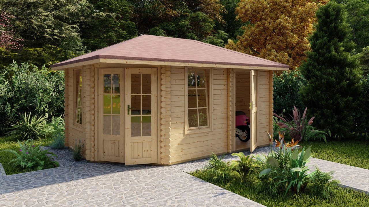 Finn Art Blockhaus Gartenhaus 5x3m Holz 5-Eck Norwegen 9 in 40mm Wandstärke, BxT: 450x298 cm, ohne Fußboden, ohne Dacheindeckung