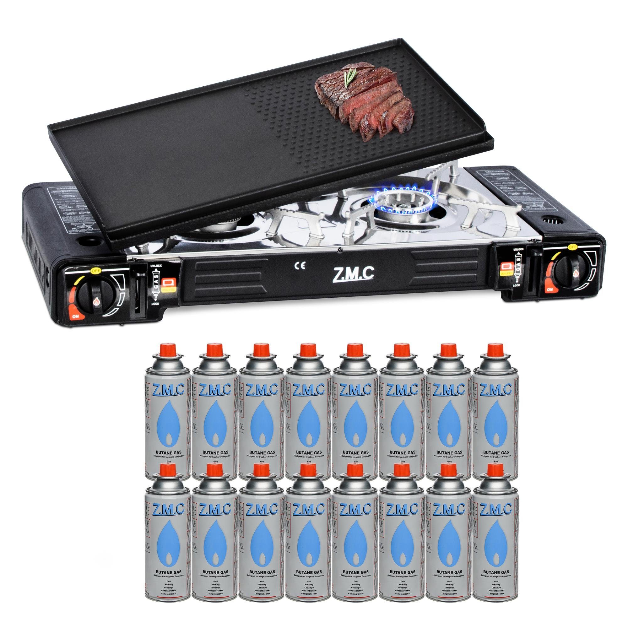 ZMC Gaskocher 2 flammig Campingkocher Gaskocher Grillplatte + 16x Gaskartusche 227g, (Tragbarer Gasbrenner Tischgrill Gasgrill Kochfeld Herd Gaskocher Grillplatte Butangas), 2in1 2 flammig Campingkocher Outdoor Grillplatte + 16x Gaskartuschen