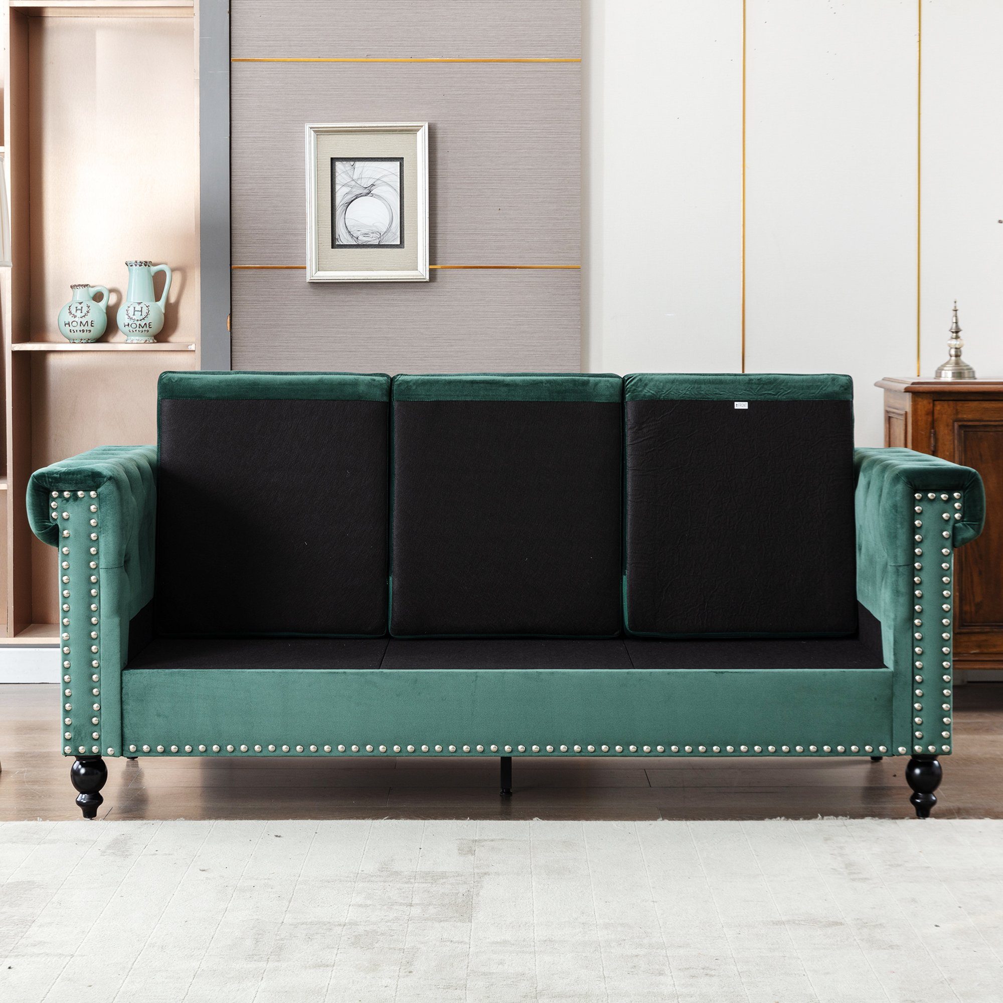 3-Sitzer, mit edler Knopfheftung und typischen Armlehnen, Sofa in Chesterfield-Optik, mit Federkern und Holzfüße, Bezug aus Samt