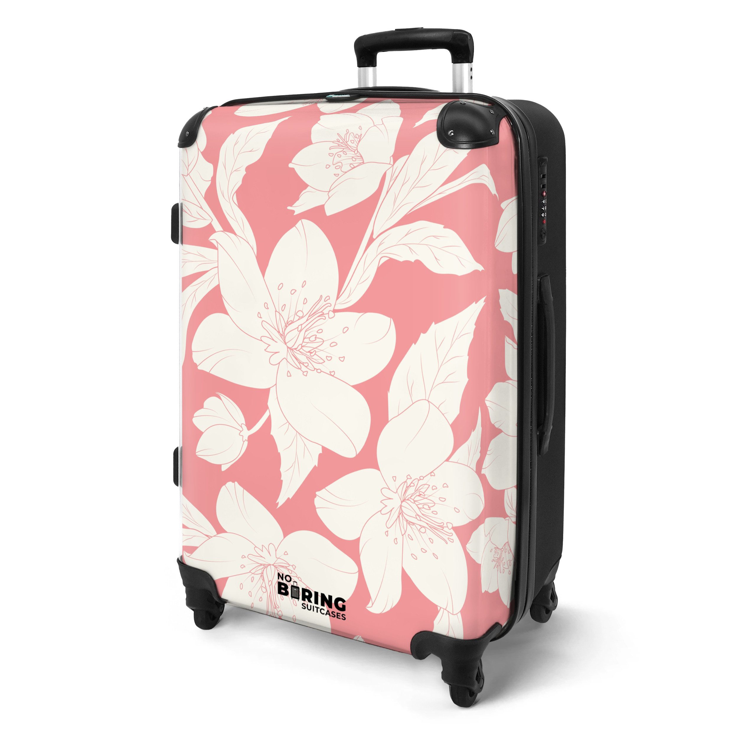 NoBoringSuitcases.com© Hartschalen-Trolley Rosa mit weißen Blüten günstig online kaufen
