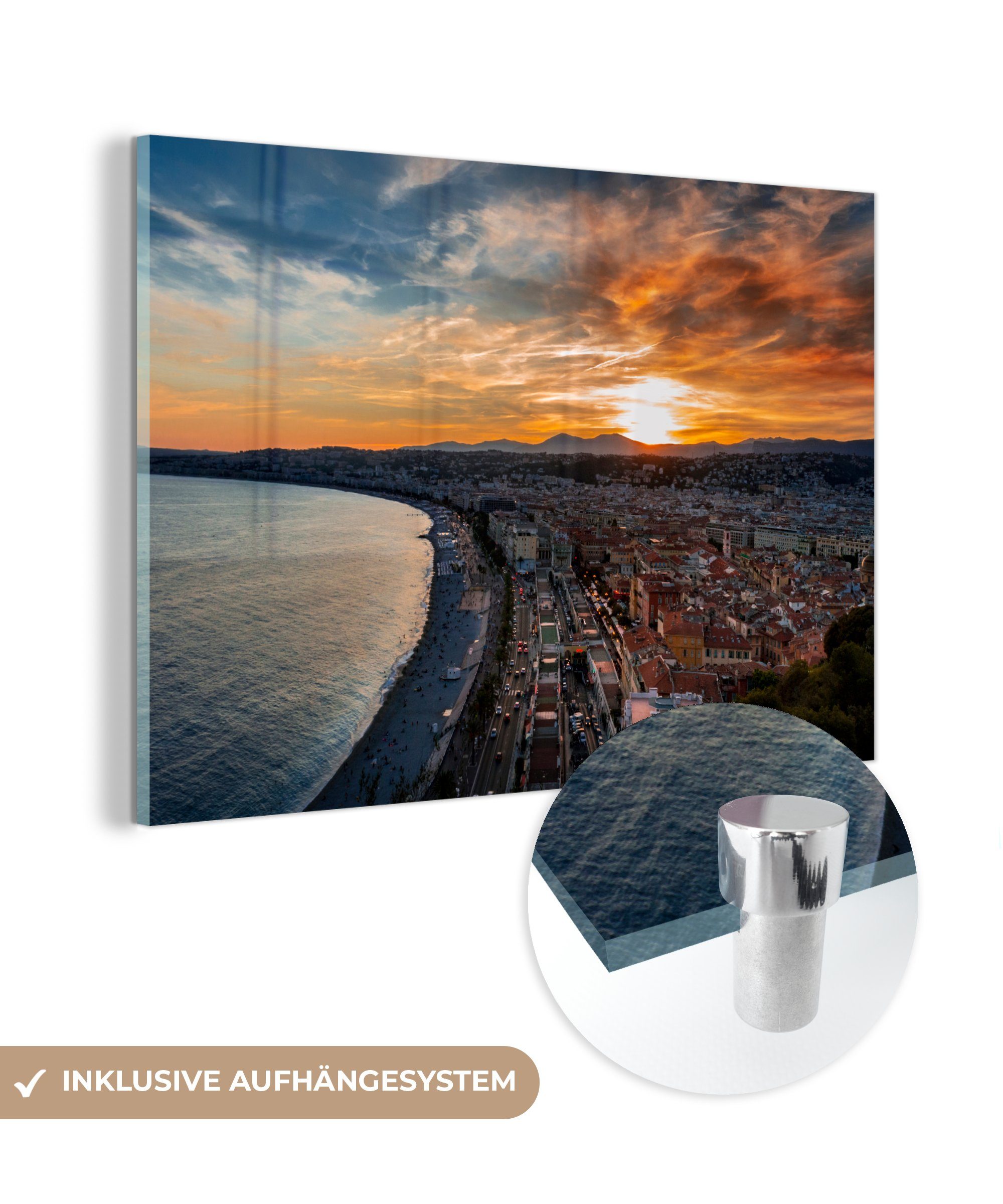 MuchoWow Acrylglasbild Sonnenuntergang - Nizza - Frankreich, (1 St), Acrylglasbilder Wohnzimmer & Schlafzimmer