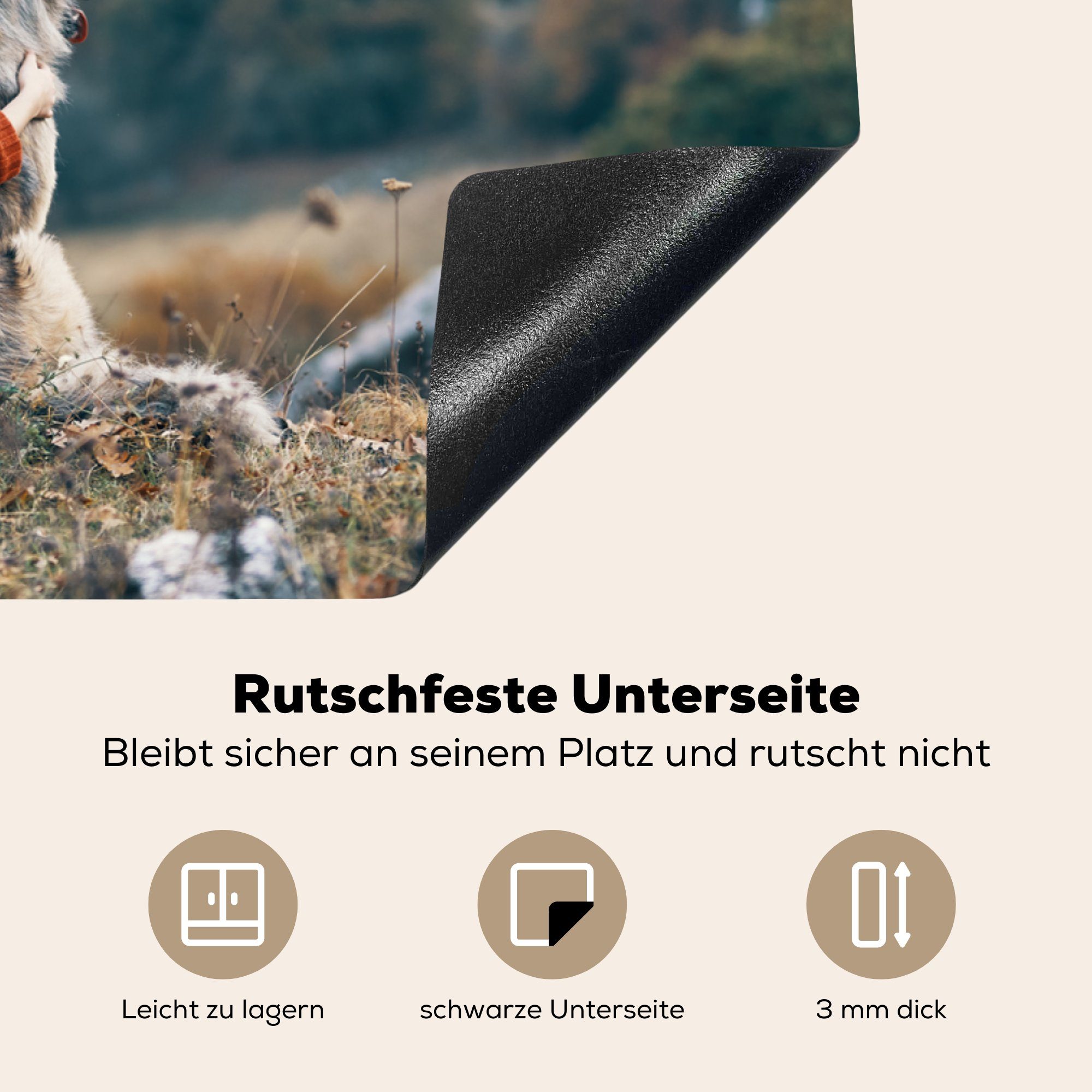 MuchoWow Herdblende-/Abdeckplatte Frau mit Hund, die Induktionskochfeld Vinyl, (1 küche, Ceranfeldabdeckung Schutz cm, tlg), 81x52 für