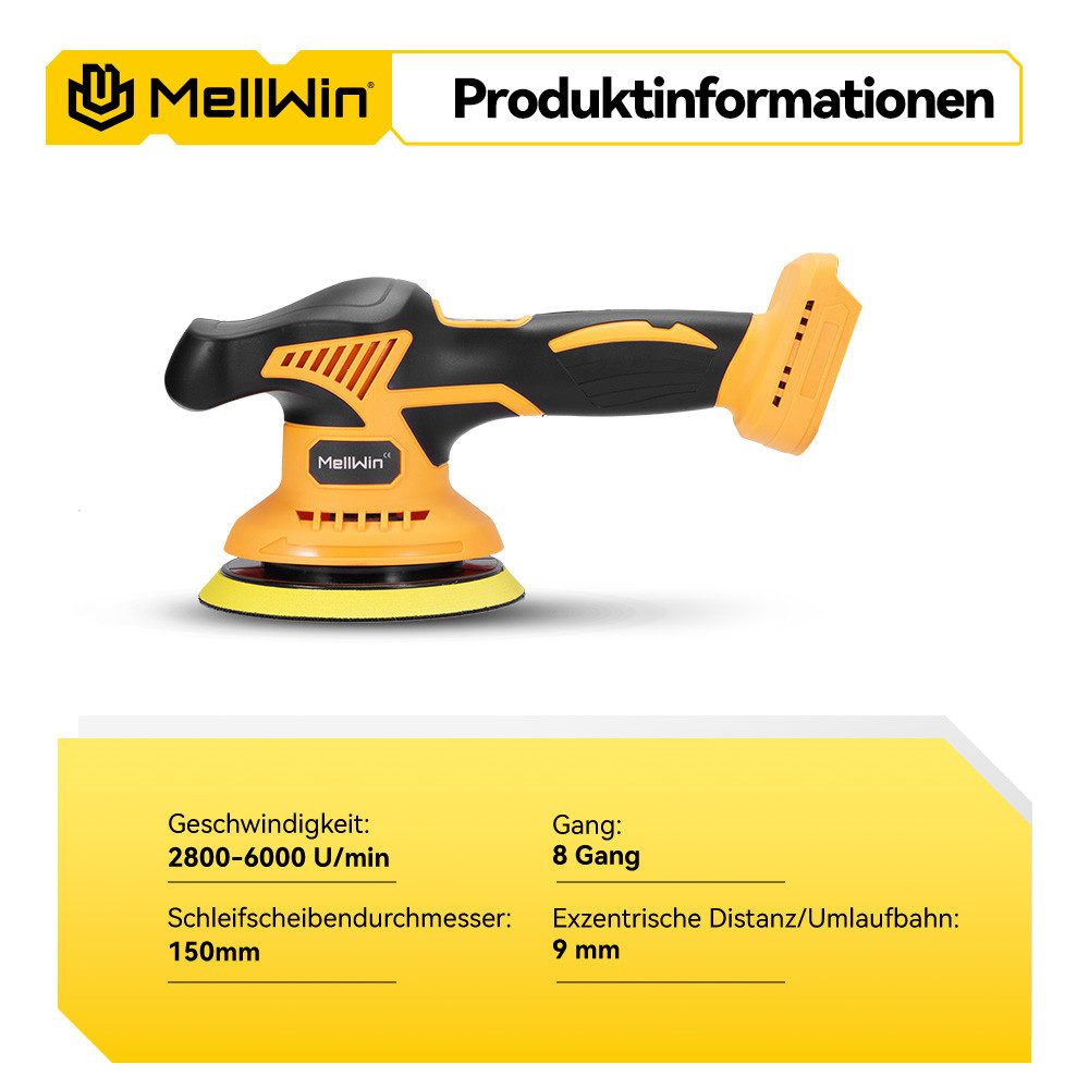 MELLWIN Akku-Poliermaschine 150 mm Set mit 2 Akkus für Auto Politur, 2800 min. U/min, 6000 max. U/min, Ø 150 mm, (1 tlg), 8 Stufen 2800–6000 U/min kabellos für Kratzer & Glanzfinish