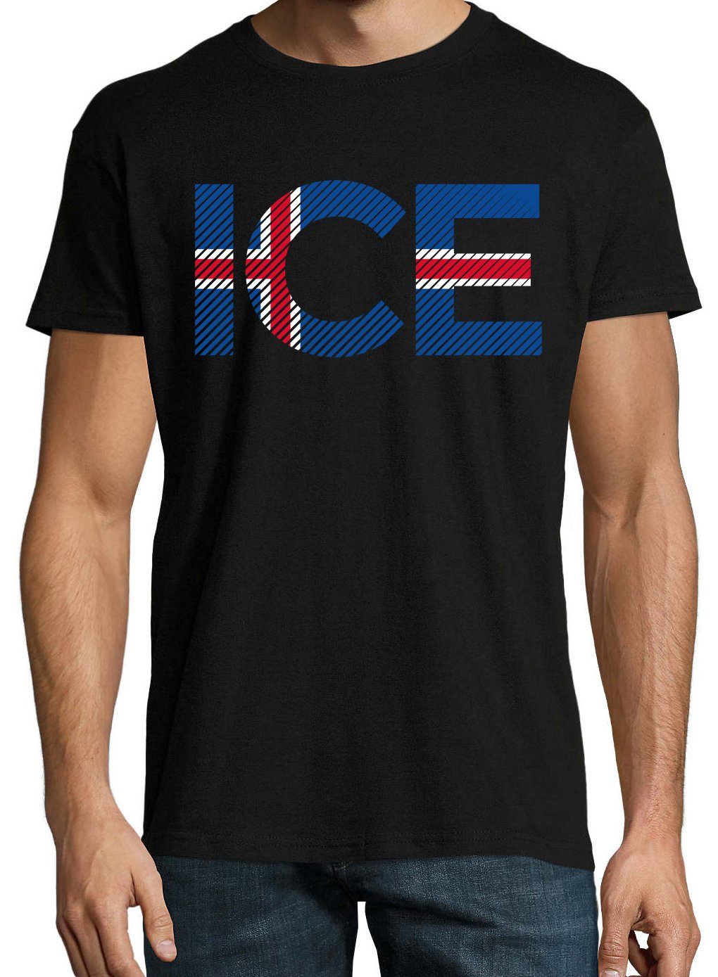 Youth T-Shirt Schwarz Look Herren im Designz Frontprint T-Shirt Fußball ICE Iceland mit