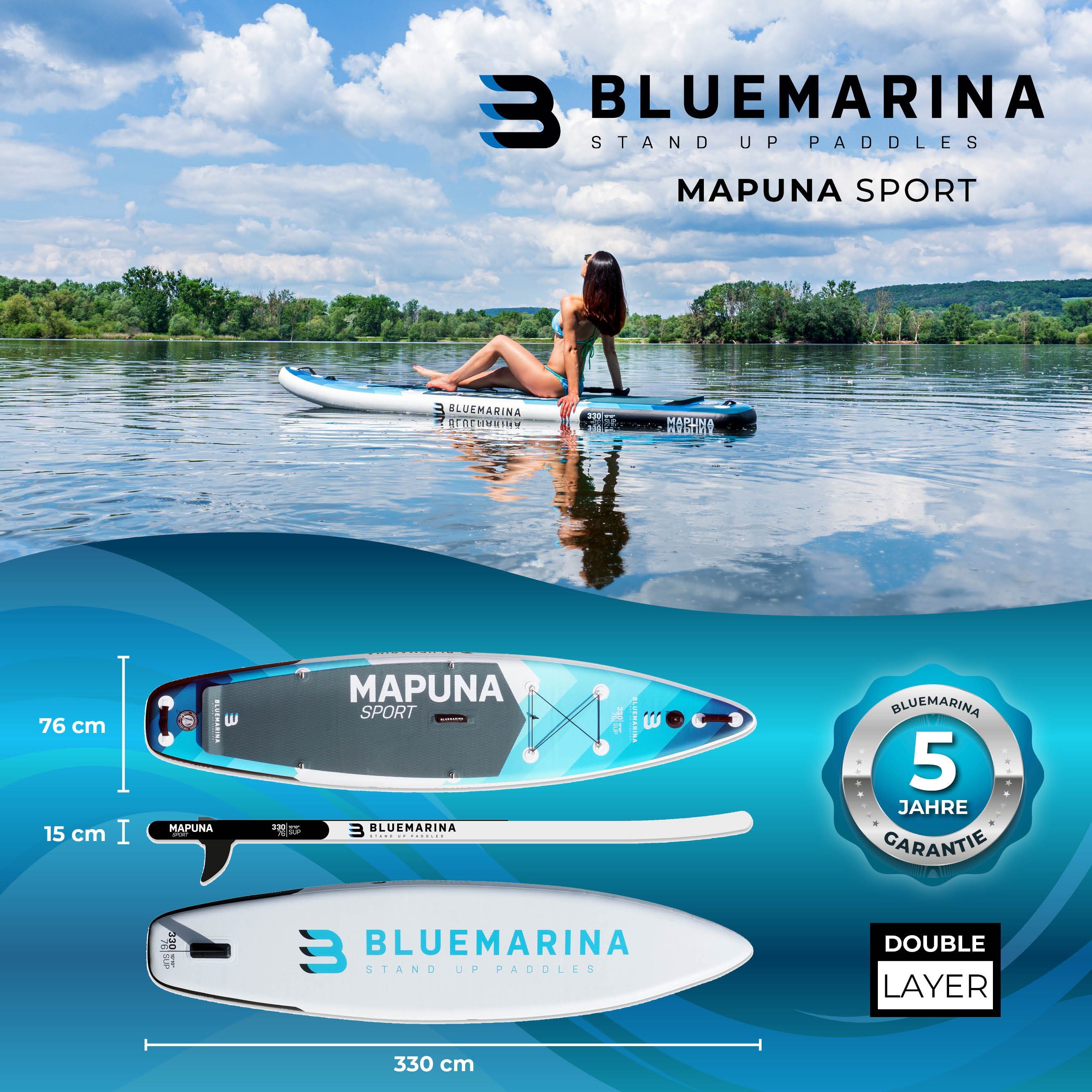 Bluemarina SUP-Board Surfboard, Board, inkl. (100% Action-Cam-Halterung), board, Kickpad kg Double dick, tlg., 3 Schichten, J. - Stand max bis Stand 5 PVC Paddle Paddelboard, Paddling Paddle 200 Polyester (15 200 Aufblasbares kg), Surfboard Surfbrett -, Layer Board Mapuna - - Bluemarina SUP Up - Paddelboard cm Up - - 3 Garantie