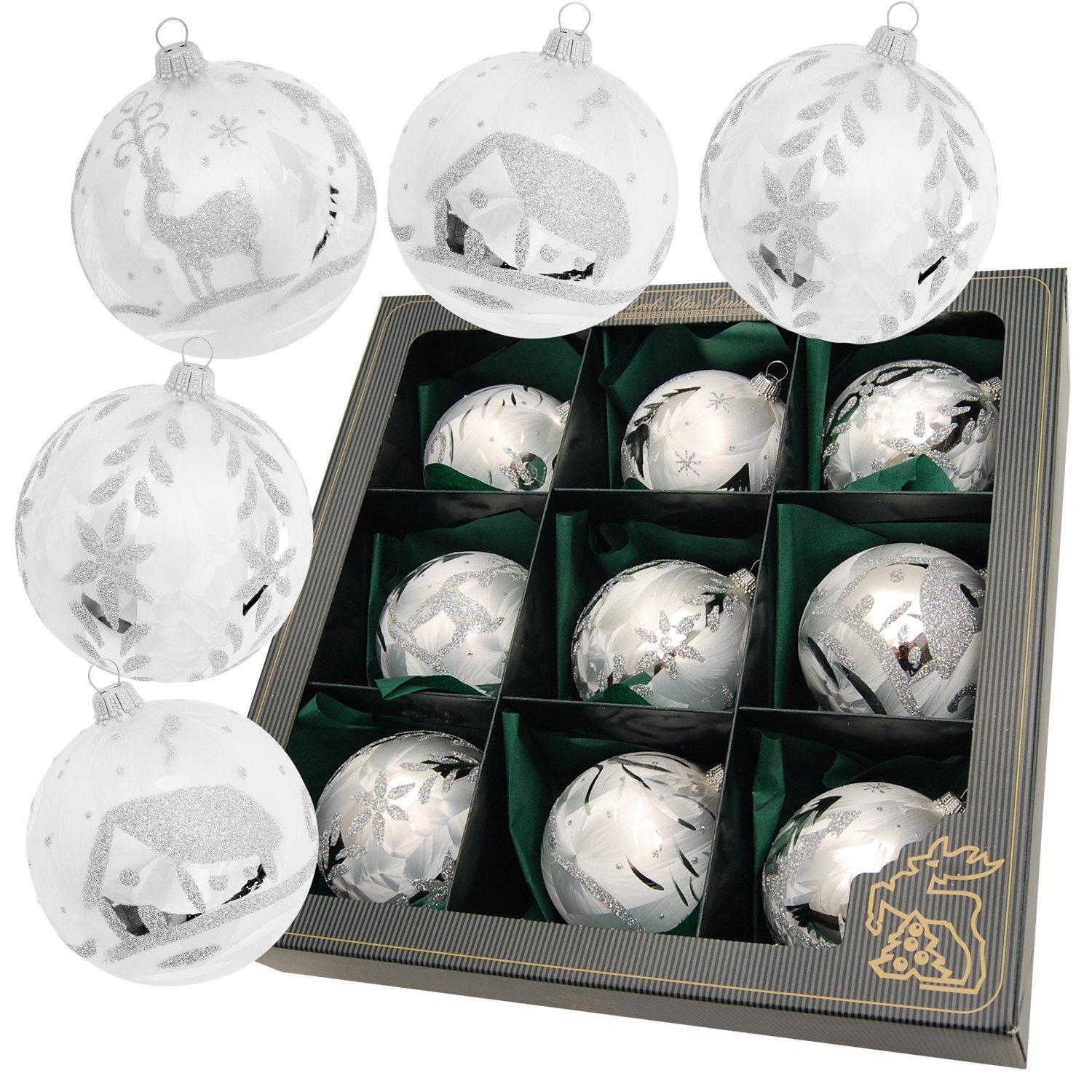 Krebs Glas Lauscha Weihnachtsbaumkugel 9er Set - Eislack Silber - ca. 8cm - günstig online kaufen