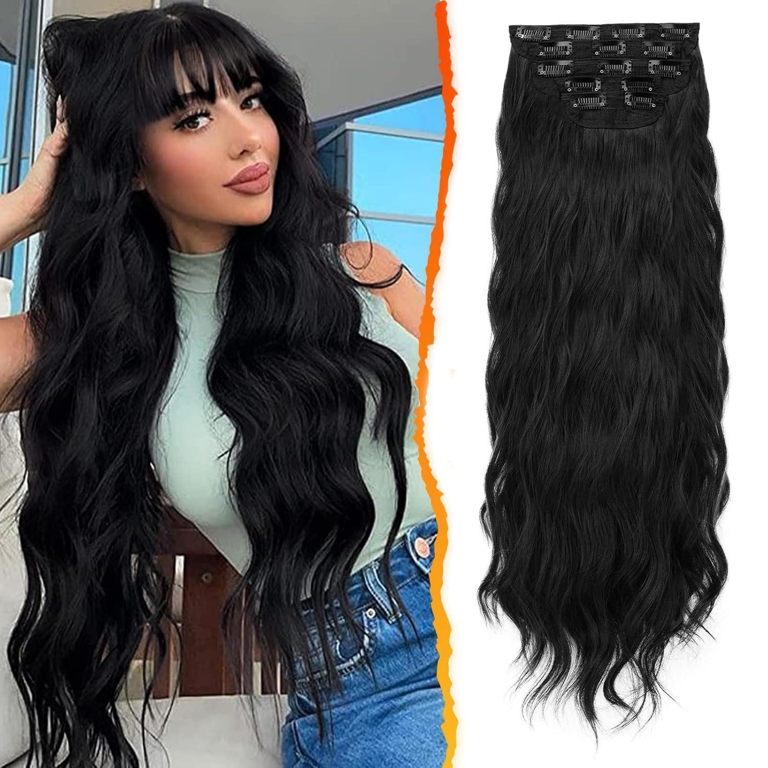 LuxusKollektion Kunsthaar-Extension Clip in Haarverlängerungen 5 Stück Welliges Haarteil Schwarz 50 cm
