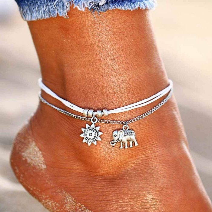 Leway Fußkette mit Anhänger Mehrschichtige Charme Fußkette Boho Armband Layered Fußkettchen handgemachte Strand Fußkette Schmuck Elefant Sonnenblume Perlen (1-tlg)