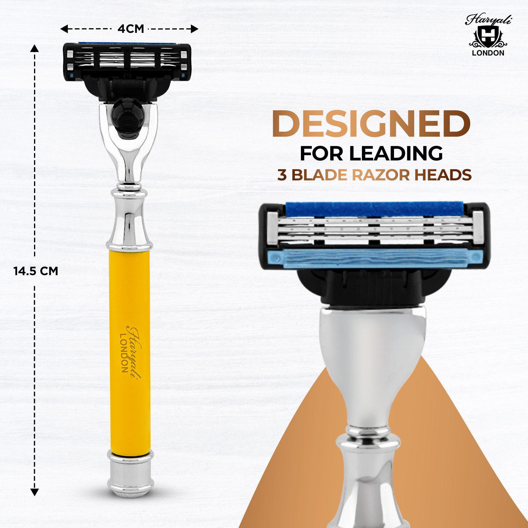 Haryali London Nassrasierer 3-Klingen-Rasierer für Unisex, Smart Grip, Gesichtsrasierer, gelb, Pack, Razor with removable blade and brass-silver handle, Abwaschbarer, rutschfester Griff. Passt auf alle Mach 3-Rasierer.