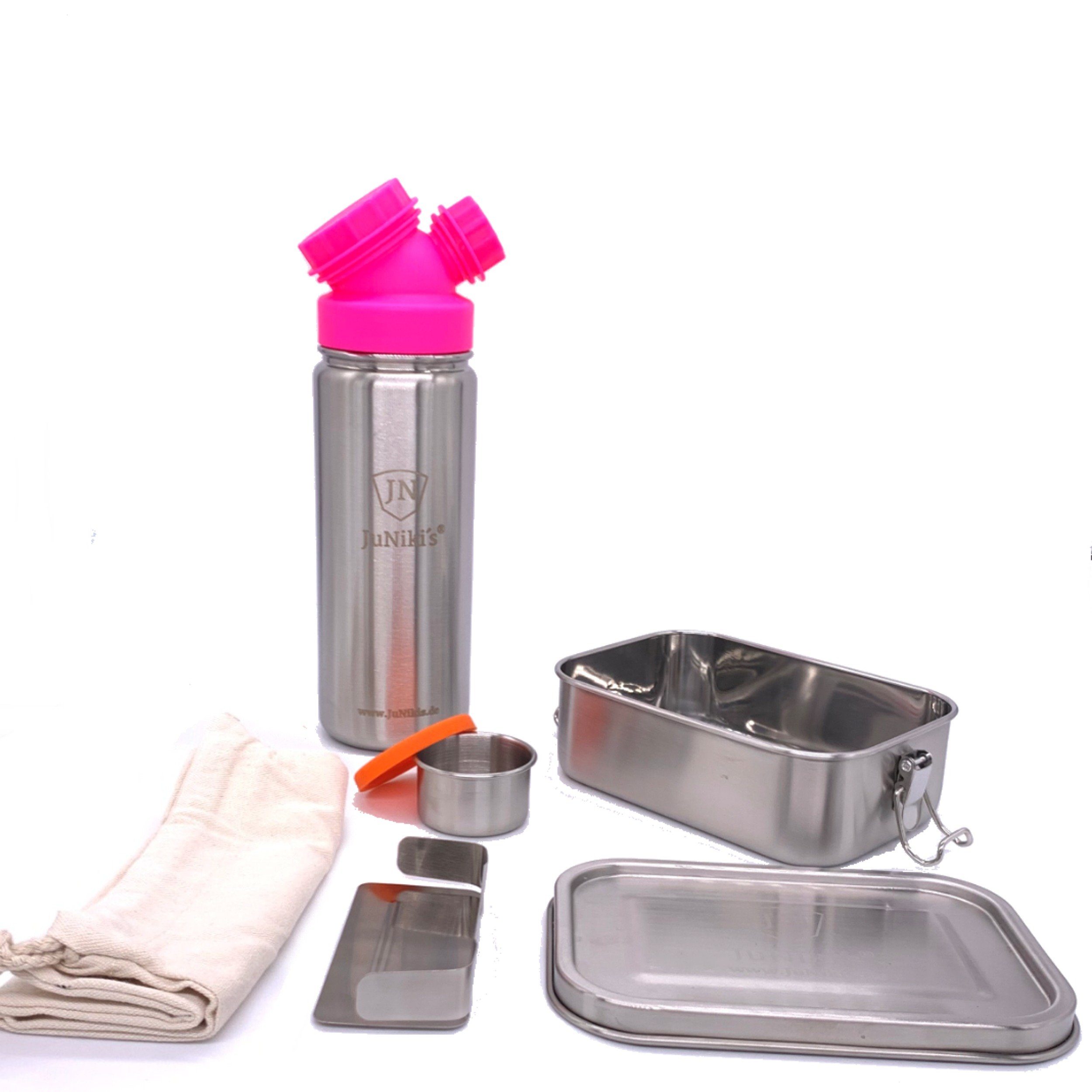 JN JuNiki´s Lunchbox Premium-Schüler-Set aus einzigartige Im und Deckel, Kohlensäure auslaufsicher Lunchbox Trinkflasche - Double bei 550ml Edelstahl, auch Vorteilspreis Neck® mit zum isolierte Pink Set JuNiki´s®